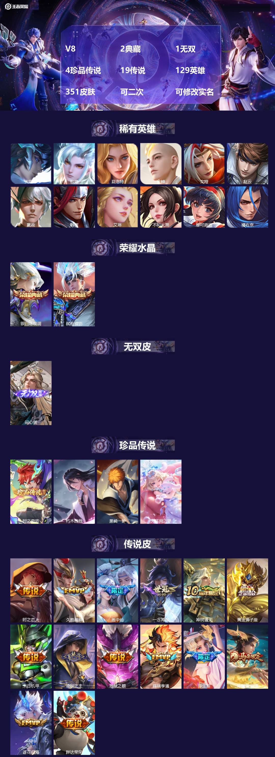 王者荣耀账号安卓QQ[24672220]V8 2典藏 1无双 4珍品传说 19传说 129英雄 351皮肤 可二次 可修
