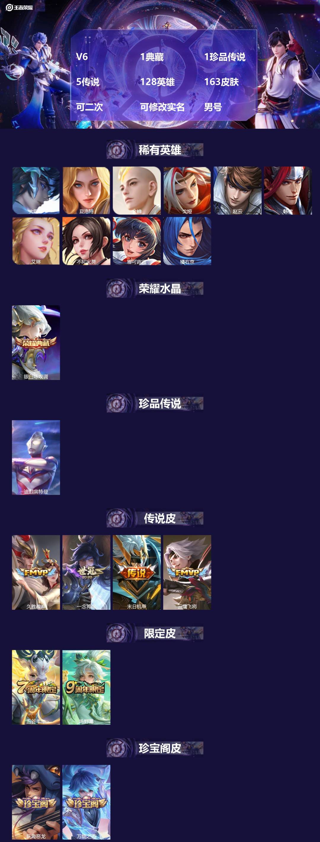 王者荣耀账号安卓QQV6 1典藏 1珍品传说 5传说 128英雄 163皮肤 可二次 可修改实名 男号 
【英雄全皮】心