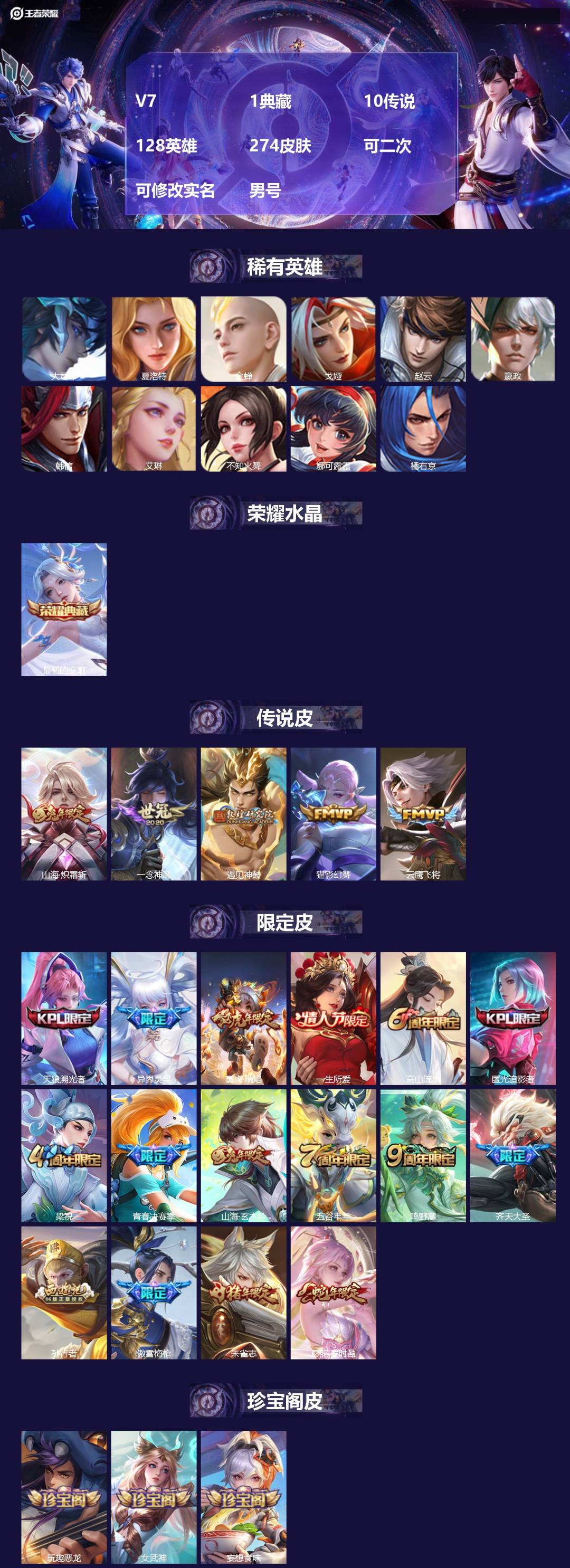 王者荣耀账号安卓QQ[24677146]V7 1典藏 10传说 128英雄 274皮肤 可二次 可修改实名 男号 
【稀