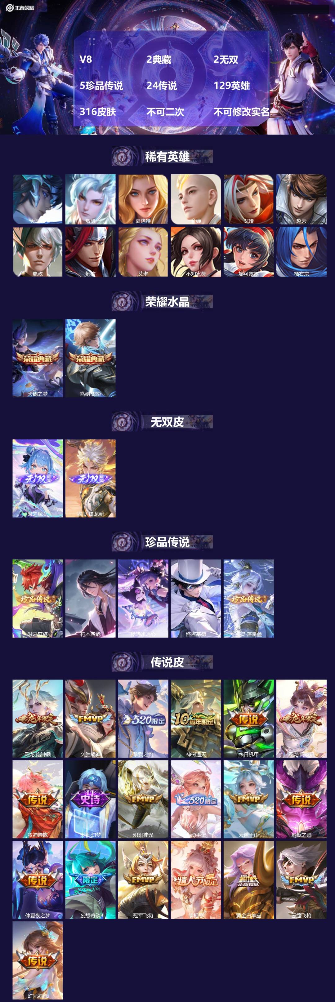 王者荣耀账号安卓QQ[24707140]V8 2典藏 2无双 5珍品传说 24传说 129英雄 316皮肤 不可二次 不