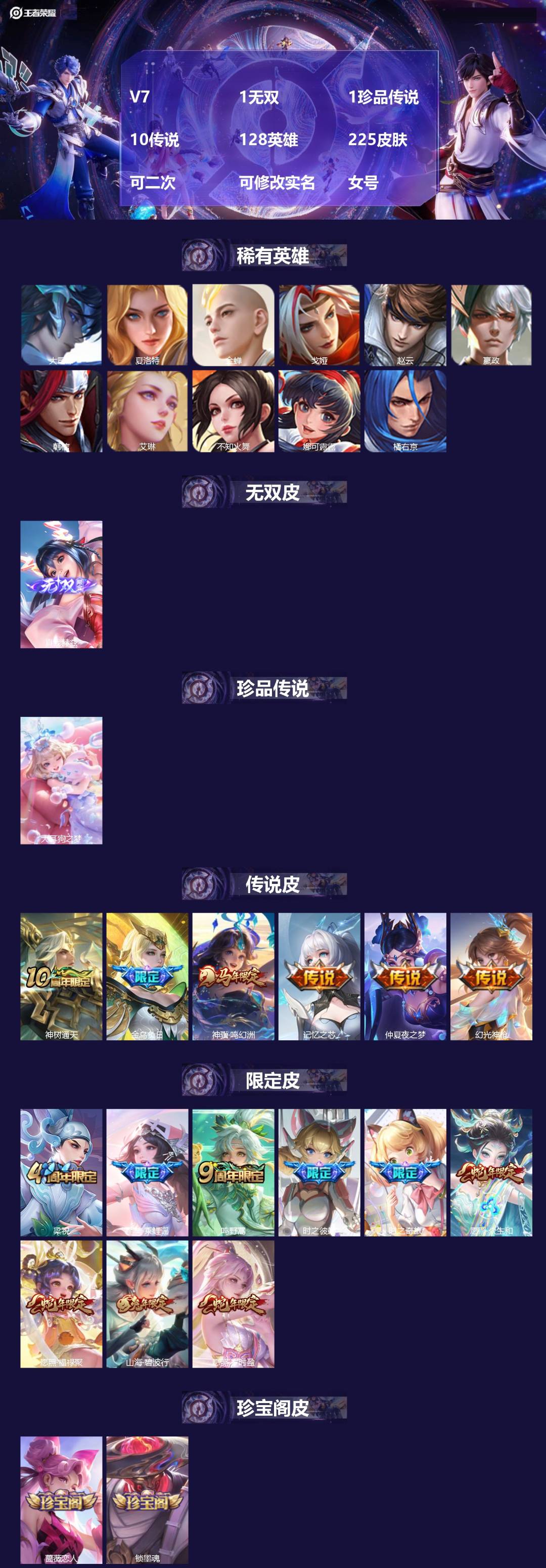 王者荣耀账号安卓QQV7 1无双 1珍品传说 10传说 128英雄 225皮肤 可二次 可修改实名 女号 
【英雄全皮】