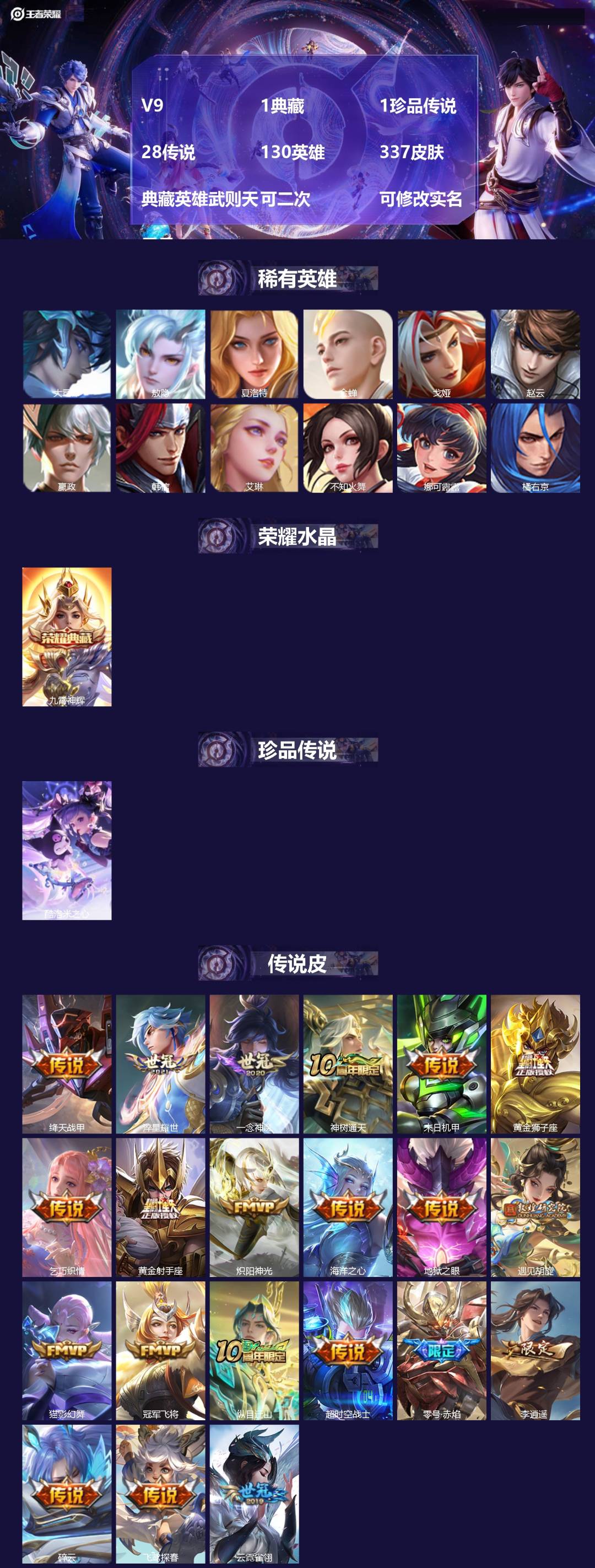 王者荣耀账号安卓QQV9 1典藏 1珍品传说 28传说 130英雄 337皮肤 典藏英雄武则天 可二次 可修改实名 男号