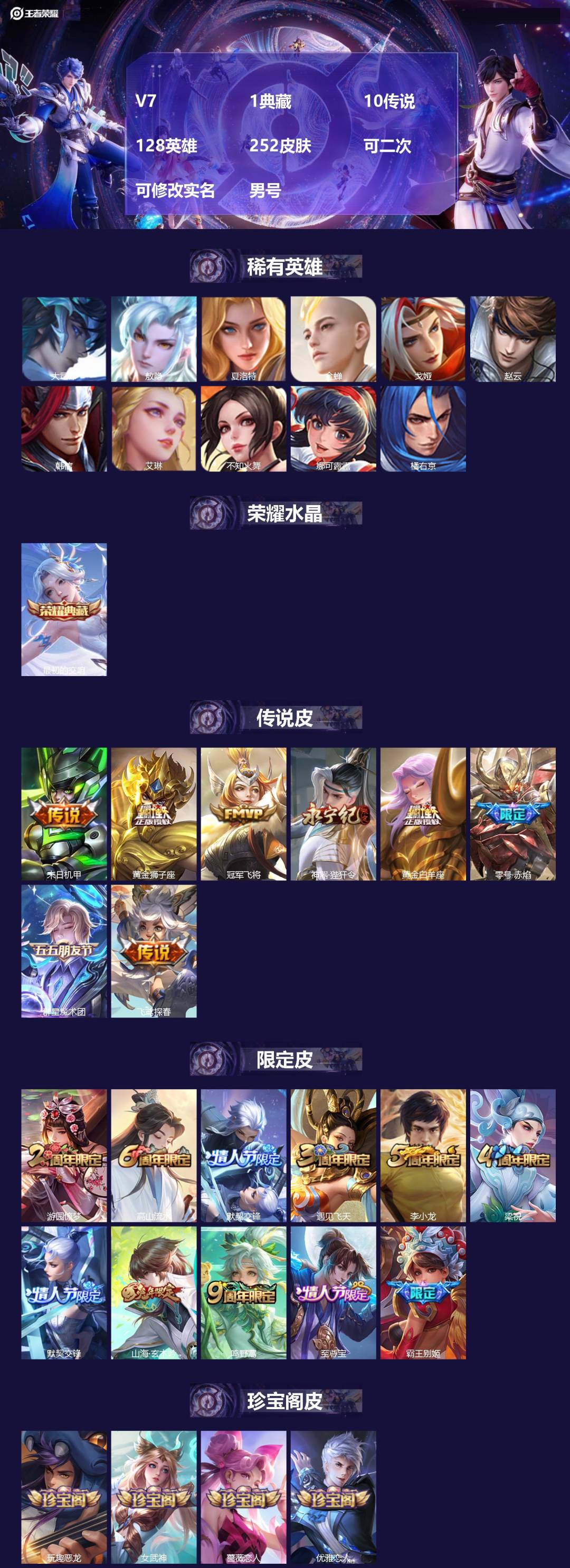 王者荣耀账号安卓QQ[24724648]V7 1典藏 10传说 128英雄 252皮肤 可二次 可修改实名 男号 
【英