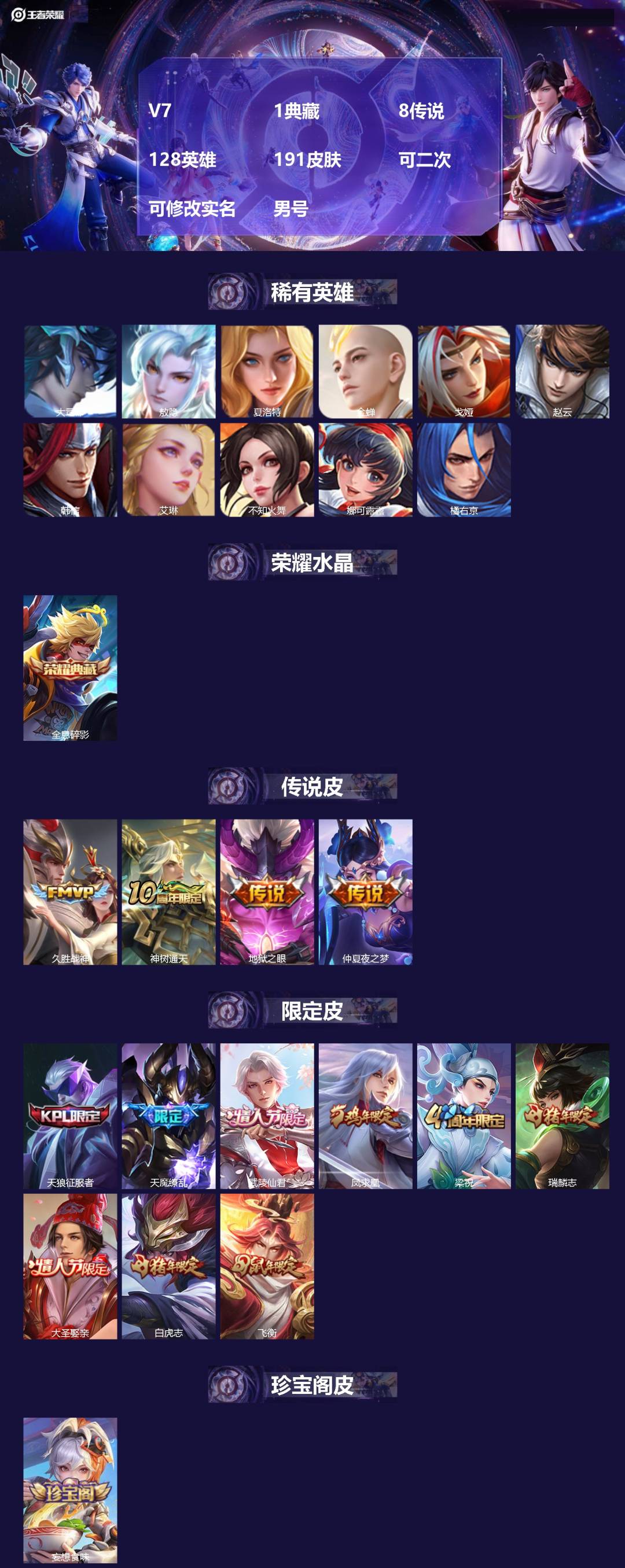 王者荣耀账号安卓QQV7 1典藏 8传说 128英雄 191皮肤 可二次 可修改实名 男号 
【稀有英雄】敖隐(小龙人)