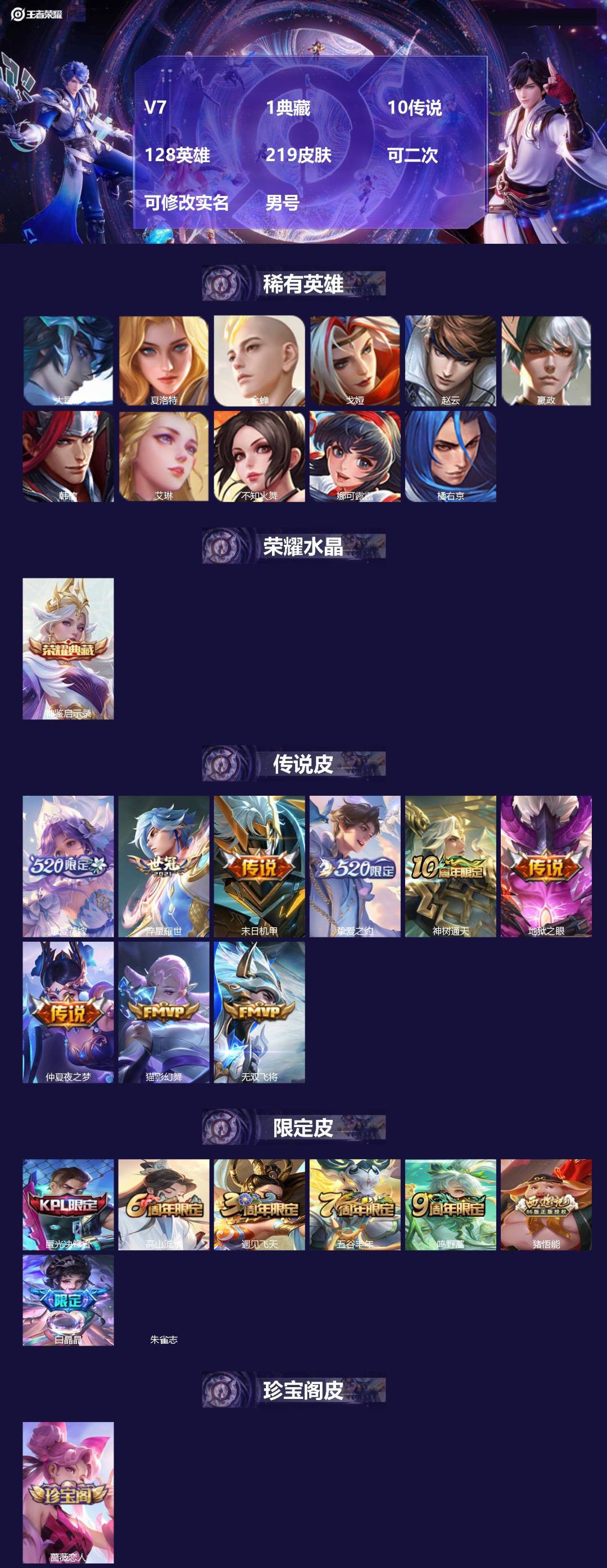 王者荣耀账号安卓QQ[24773513]V7 1典藏 10传说 128英雄 219皮肤 可二次 可修改实名 男号 
【稀