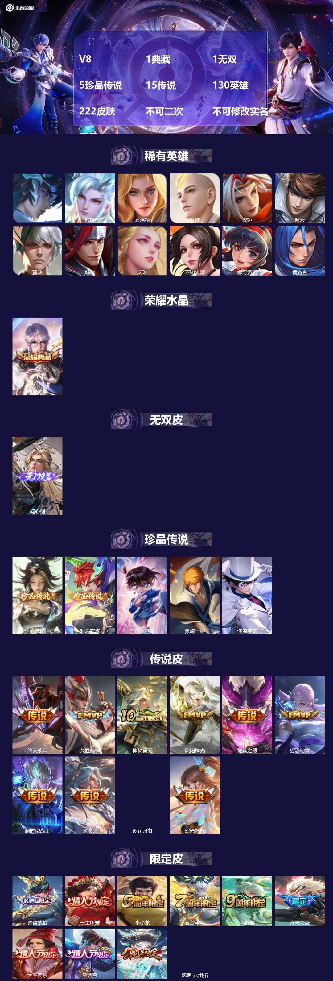 王者荣耀账号安卓QQV8 1典藏 1无双 5珍品传说 15传说 130英雄 222皮肤 不可二次 不可修改实名 男号 

