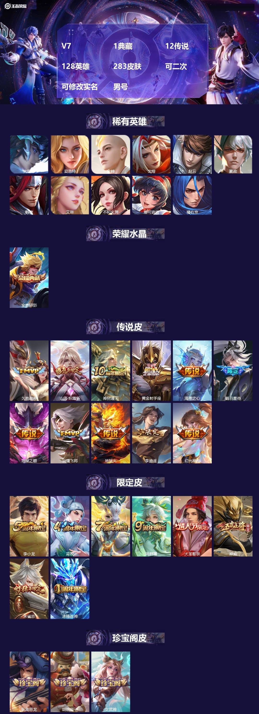 王者荣耀账号安卓QQ[24778288]V7 1典藏 12传说 128英雄 283皮肤 可二次 可修改实名 男号 
【英