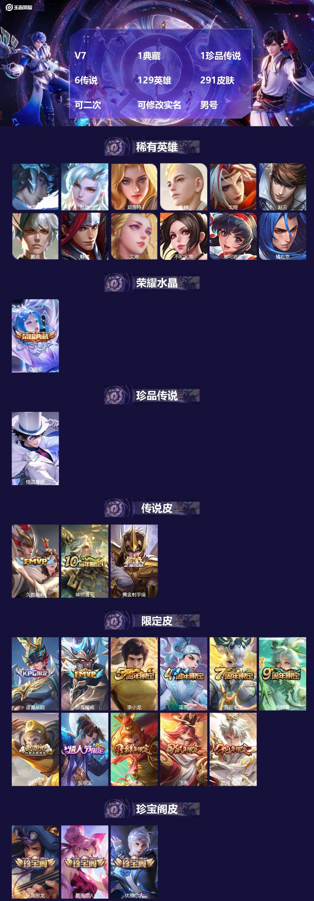 王者荣耀账号安卓QQ[24781540]V7 1典藏 1珍品传说 6传说 129英雄 291皮肤 可二次 可修改实名 男
