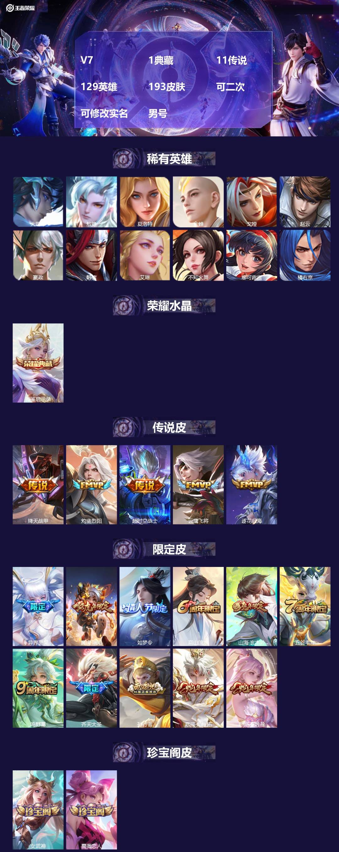 王者荣耀账号苹果QQV7 1典藏 11传说 129英雄 193皮肤 可二次 可修改实名 男号 
【英雄全皮】心魔六耳全皮