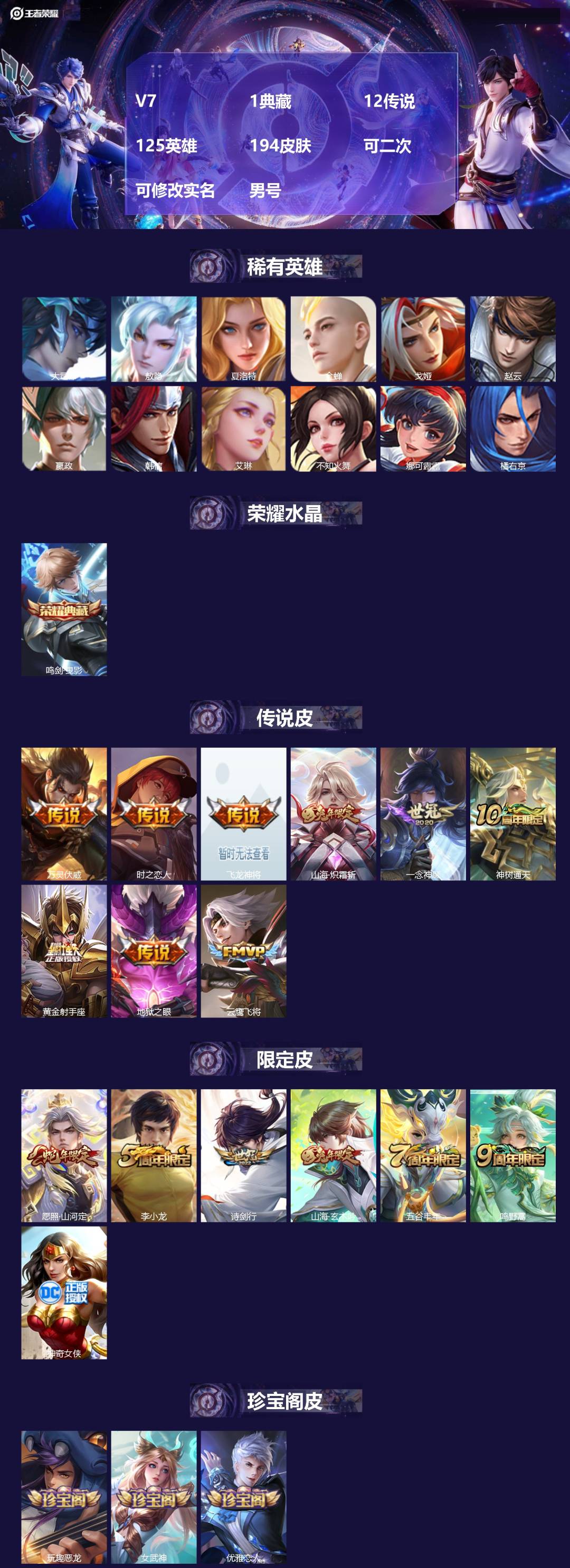 王者荣耀账号安卓QQV7 1典藏 12传说 125英雄 194皮肤 可二次 可修改实名 男号 
【稀有英雄】敖隐(小龙人