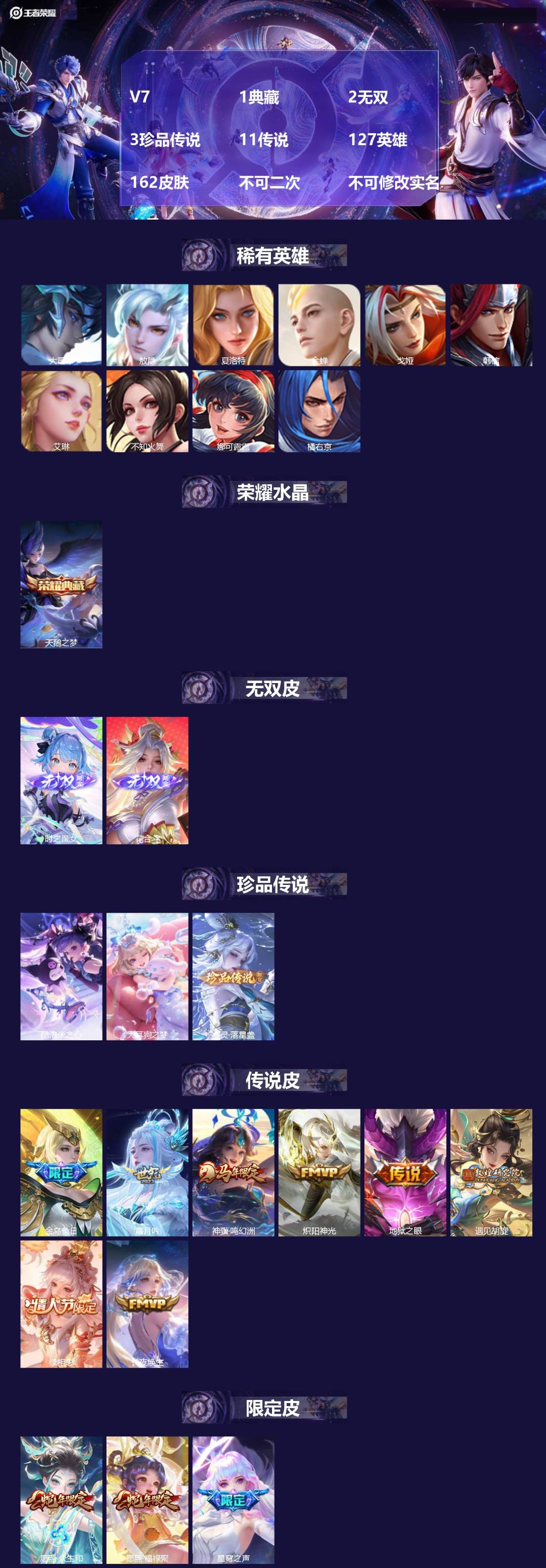 王者荣耀账号安卓QQV7 1典藏 2无双 3珍品传说 11传说 127英雄 162皮肤 不可二次 不可修改实名 女号 

