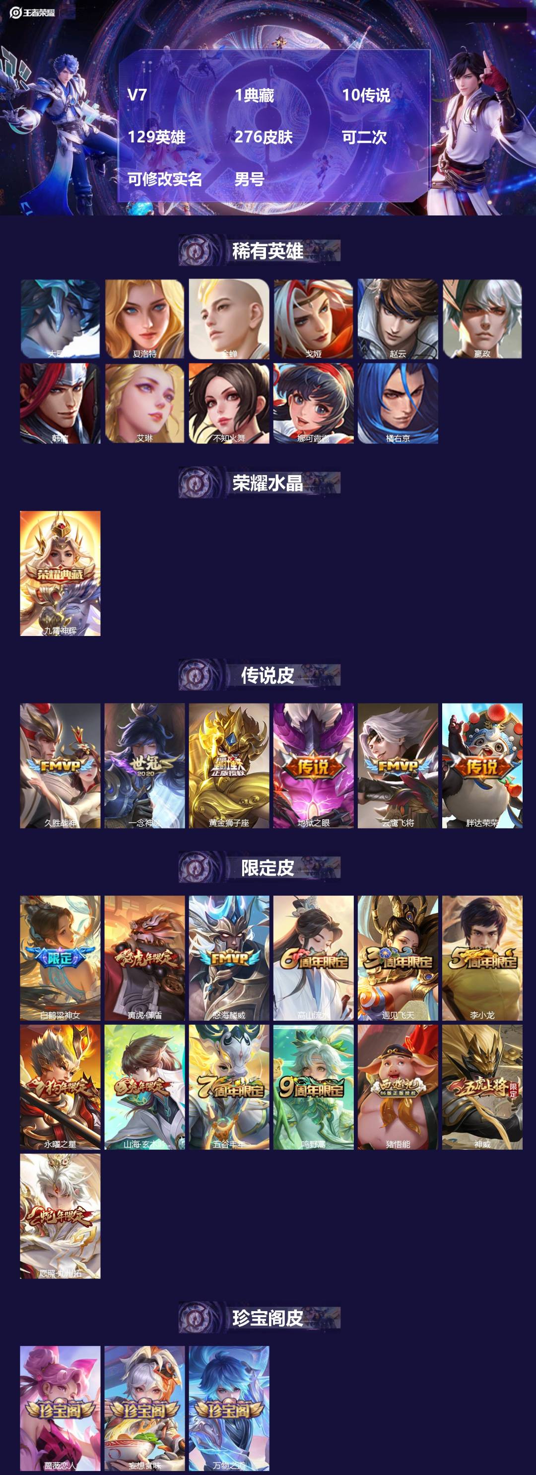 王者荣耀账号苹果QQV7 1典藏 10传说 129英雄 276皮肤 可二次 可修改实名 男号 
【英雄全皮】心魔六耳全皮