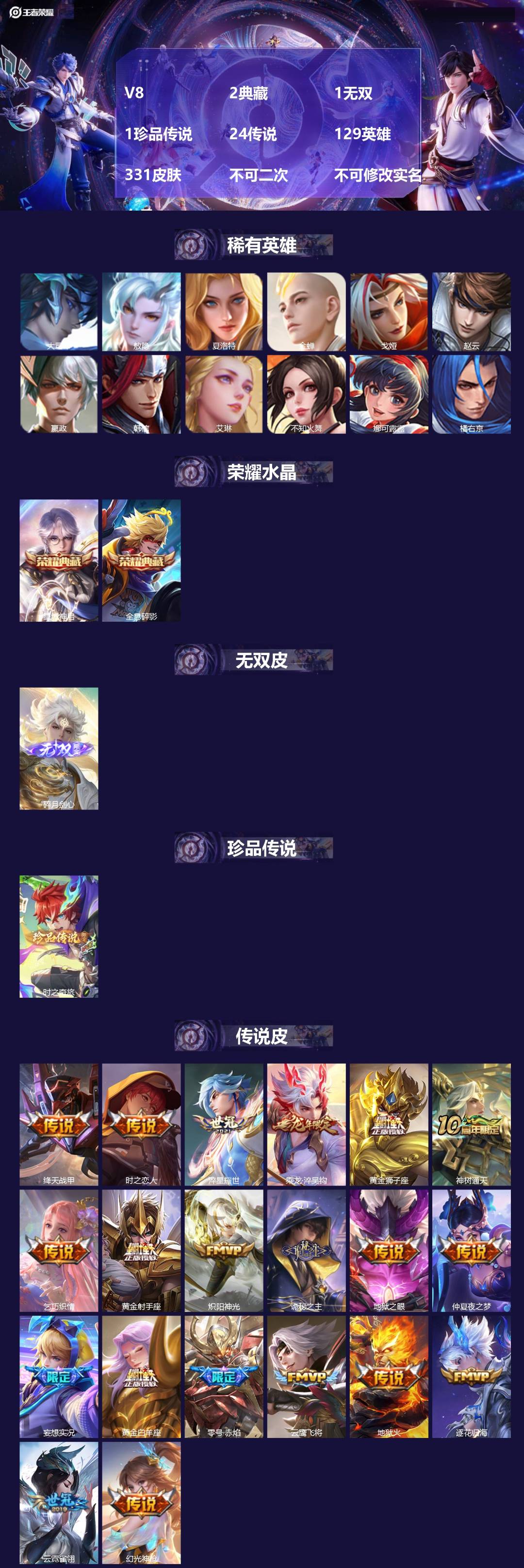 王者荣耀账号安卓QQV8 2典藏 1无双 1珍品传说 24传说 129英雄 331皮肤 不可二次 不可修改实名 女号 
