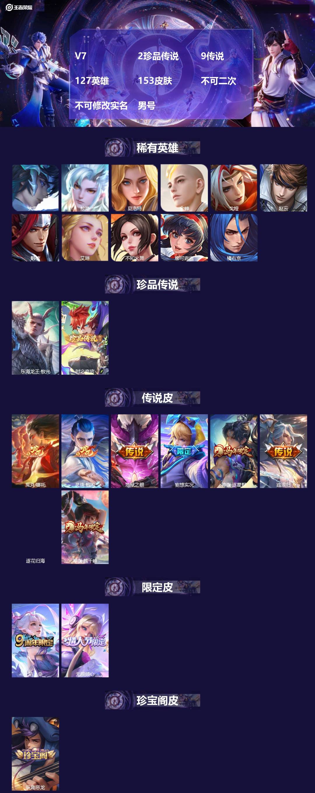 王者荣耀账号安卓QQV7 2珍品传说 9传说 127英雄 153皮肤 不可二次 不可修改实名 男号 
【英雄全皮】敖隐全