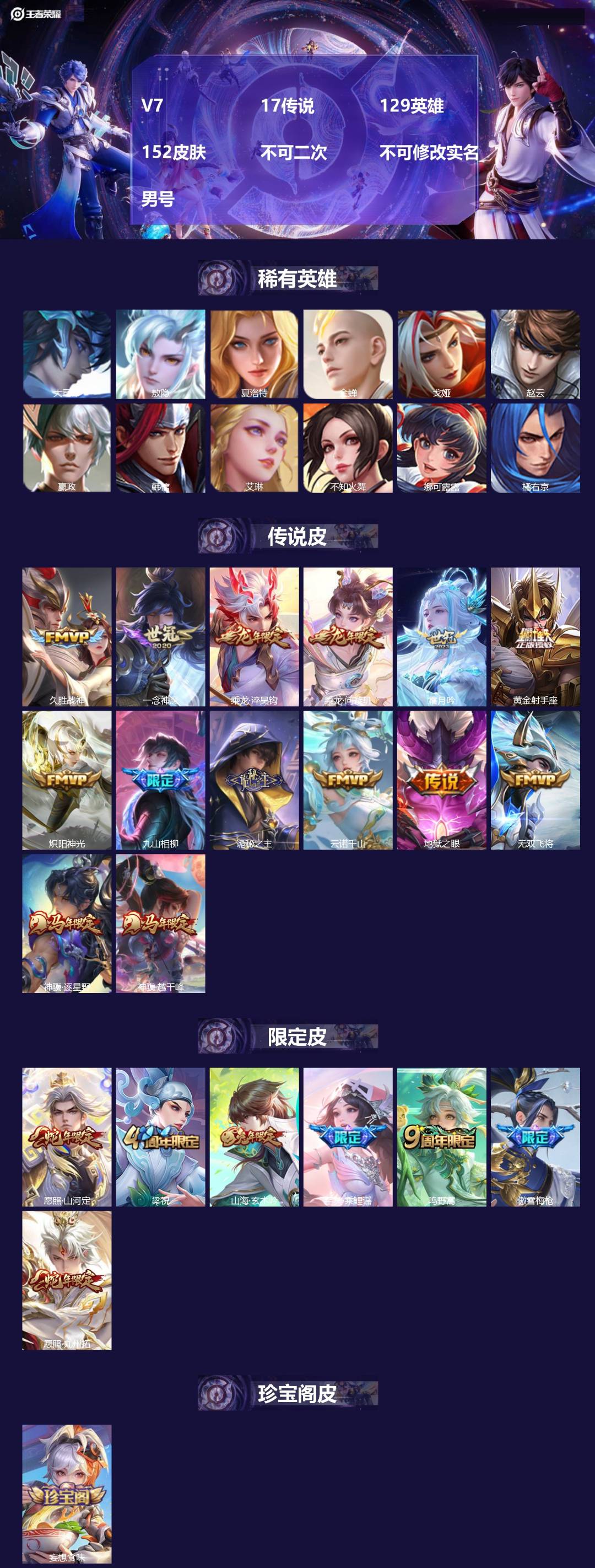 王者荣耀账号安卓QQ[24891041]V7 17传说 129英雄 152皮肤 不可二次 不可修改实名 男号 
【英雄全