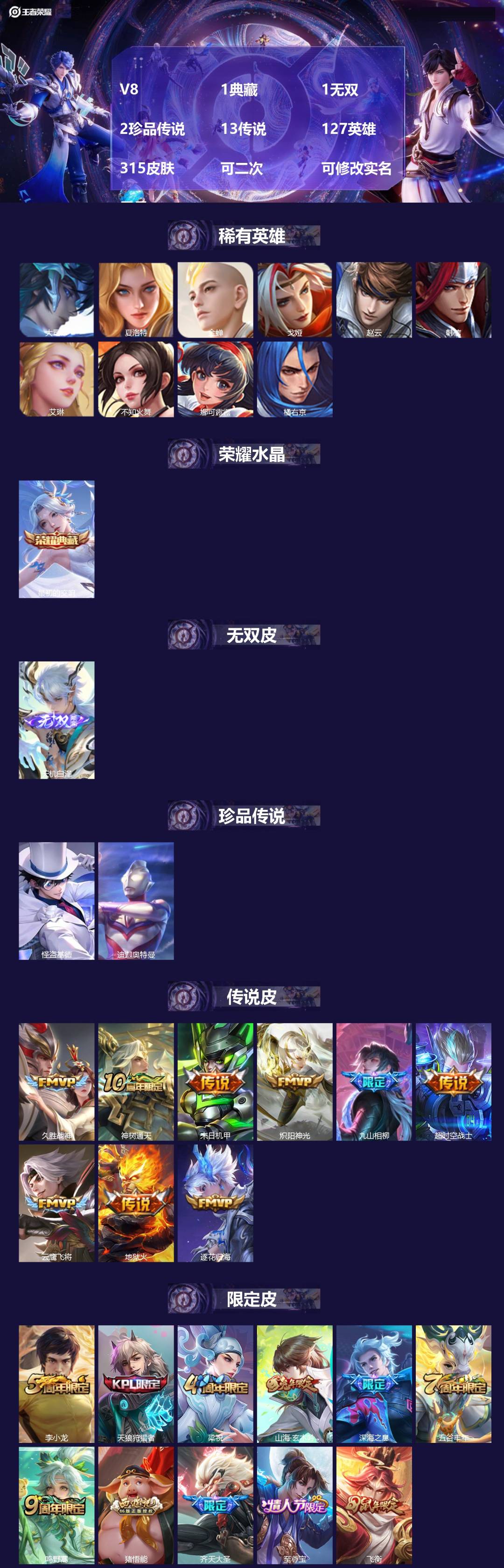 王者荣耀账号苹果QQ[24893363]V8 1典藏 1无双 2珍品传说 13传说 127英雄 315皮肤 可二次 可修