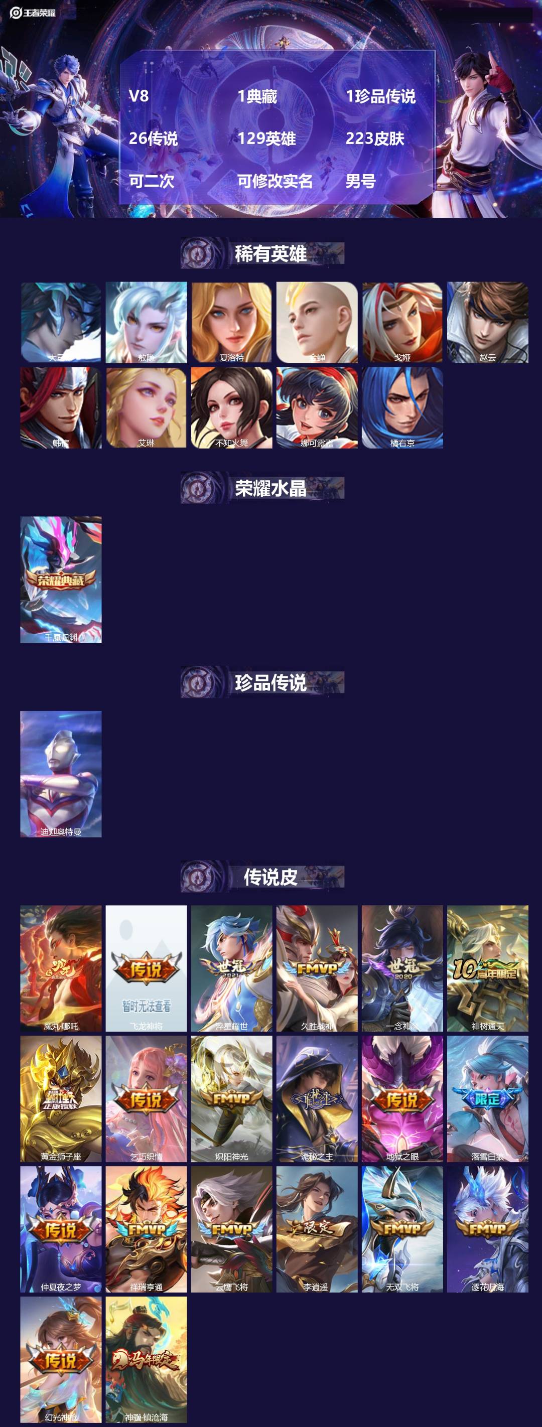 王者荣耀账号安卓QQV8 1典藏 1珍品传说 26传说 129英雄 223皮肤 可二次 可修改实名 男号 
【英雄全皮】