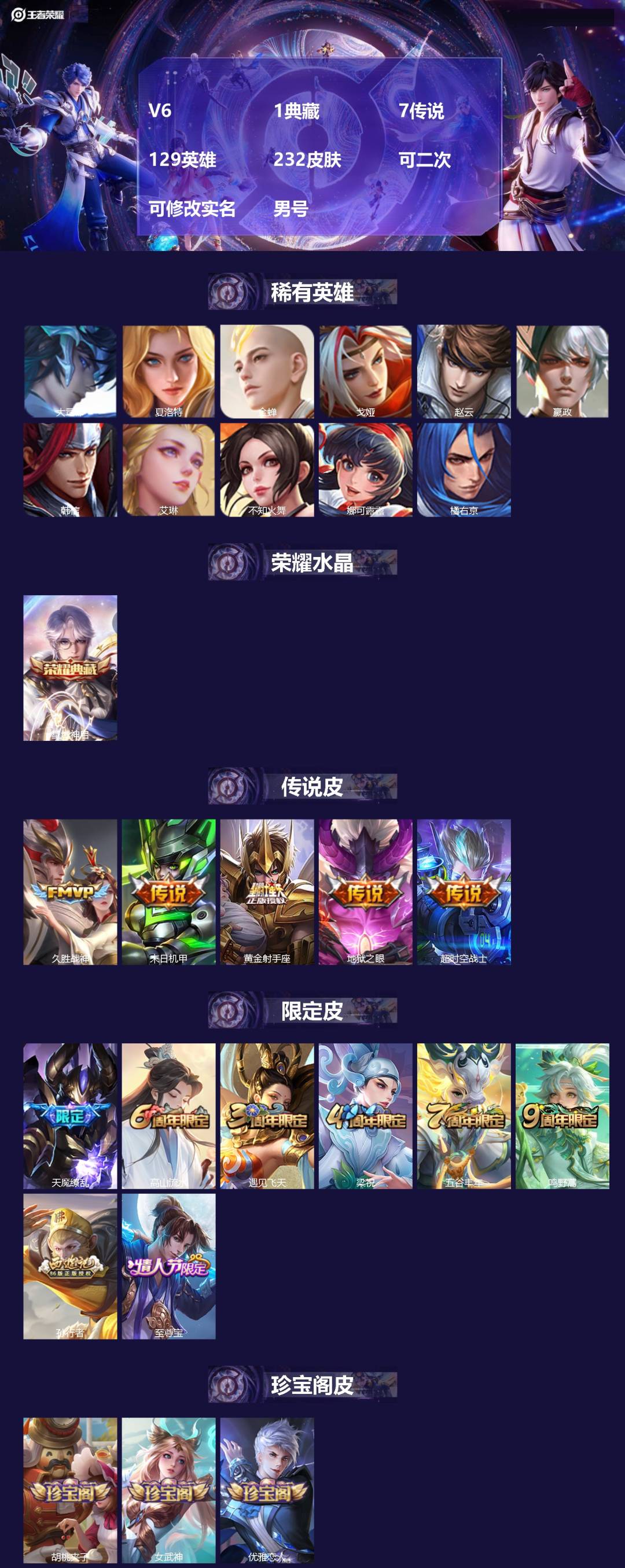王者荣耀账号安卓QQV6 1典藏 7传说 129英雄 232皮肤 可二次 可修改实名 男号 
【稀有英雄】大司命,嬴政(