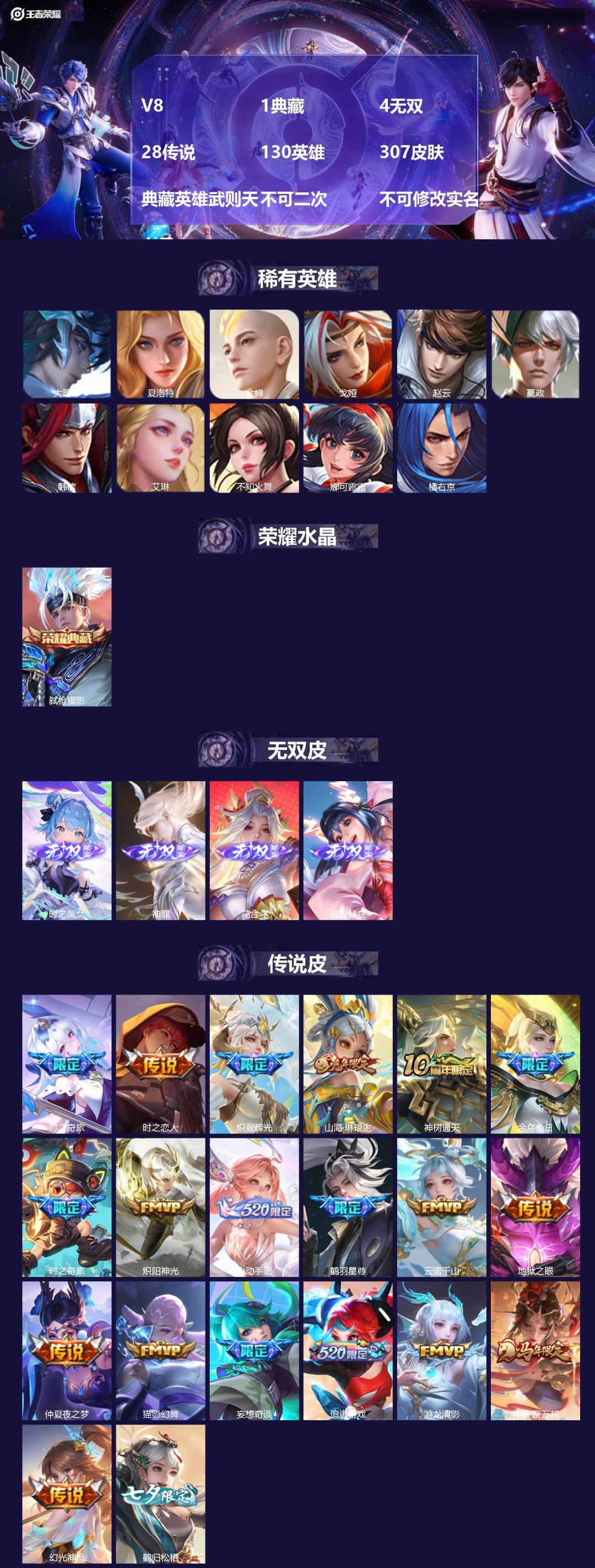 王者荣耀账号安卓QQ[25031685]V8 1典藏 4无双 28传说 130英雄 307皮肤 典藏英雄武则天 不可二次