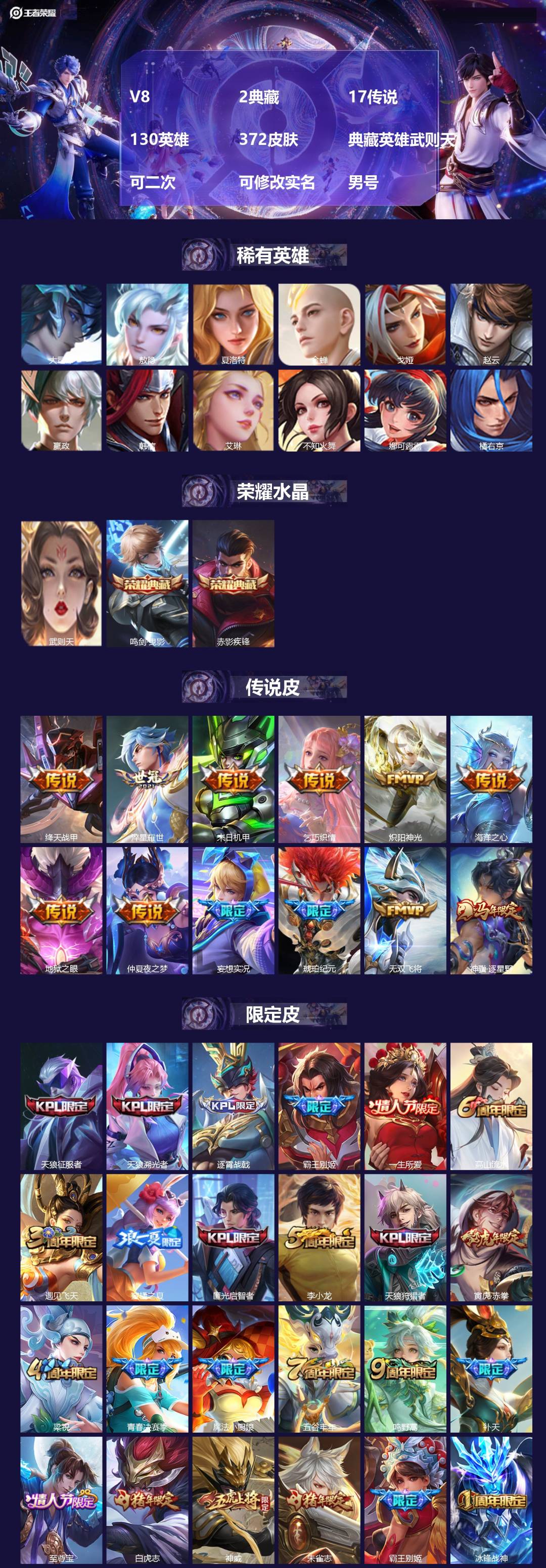王者荣耀账号苹果QQV8 2典藏 17传说 130英雄 372皮肤 典藏英雄武则天 可二次 可修改实名 男号 
【英雄全