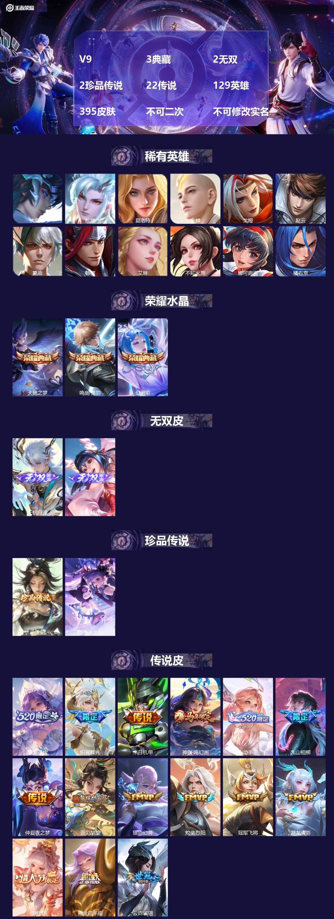 王者荣耀账号安卓QQV9 3典藏 2无双 2珍品传说 22传说 129英雄 395皮肤 不可二次 不可修改实名 女号 
