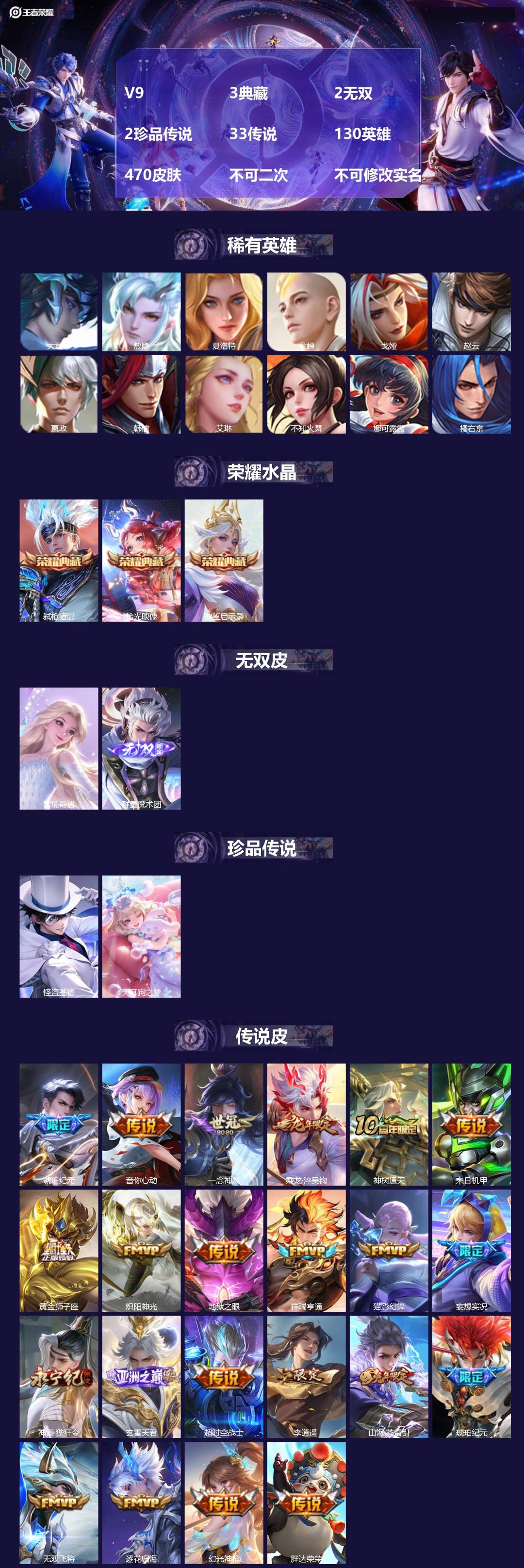 王者荣耀账号安卓QQV9 3典藏 2无双 2珍品传说 33传说 130英雄 470皮肤 不可二次 不可修改实名 男号 
