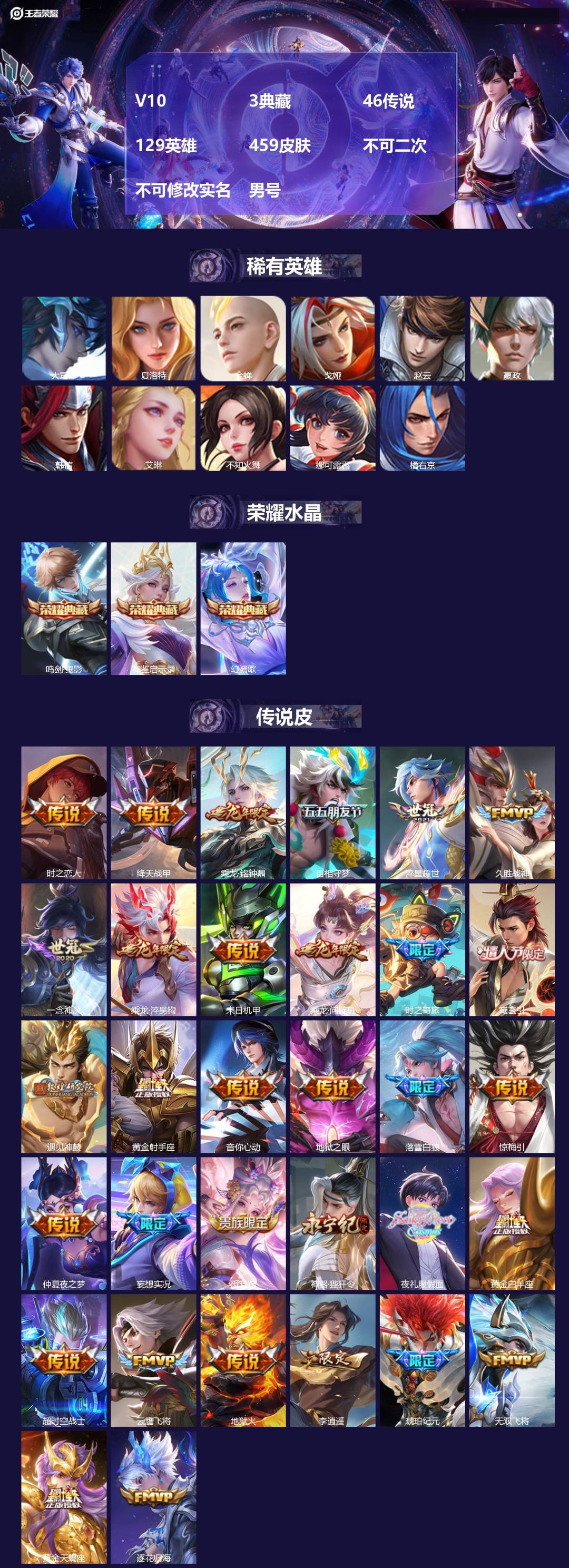王者荣耀账号安卓QQ[25126521]V10 3典藏 46传说 129英雄 459皮肤 不可二次 不可修改实名 男号 