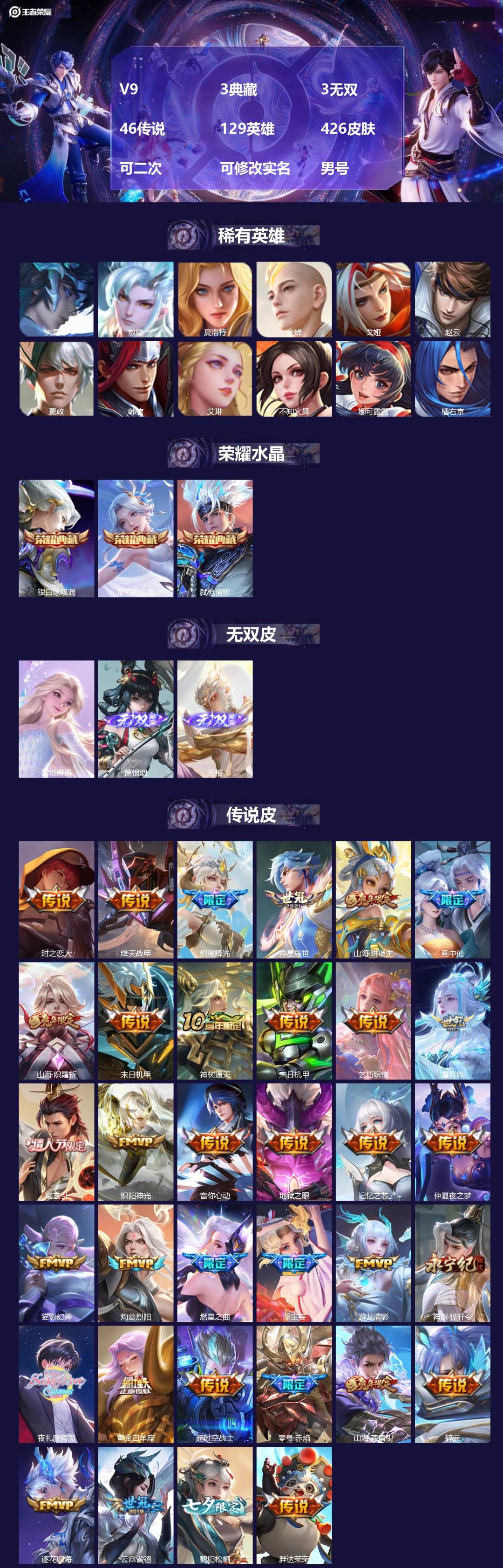 王者荣耀账号苹果QQV9 3典藏 3无双 46传说 129英雄 426皮肤 可二次 可修改实名 男号 
【英雄全皮】蒙恬