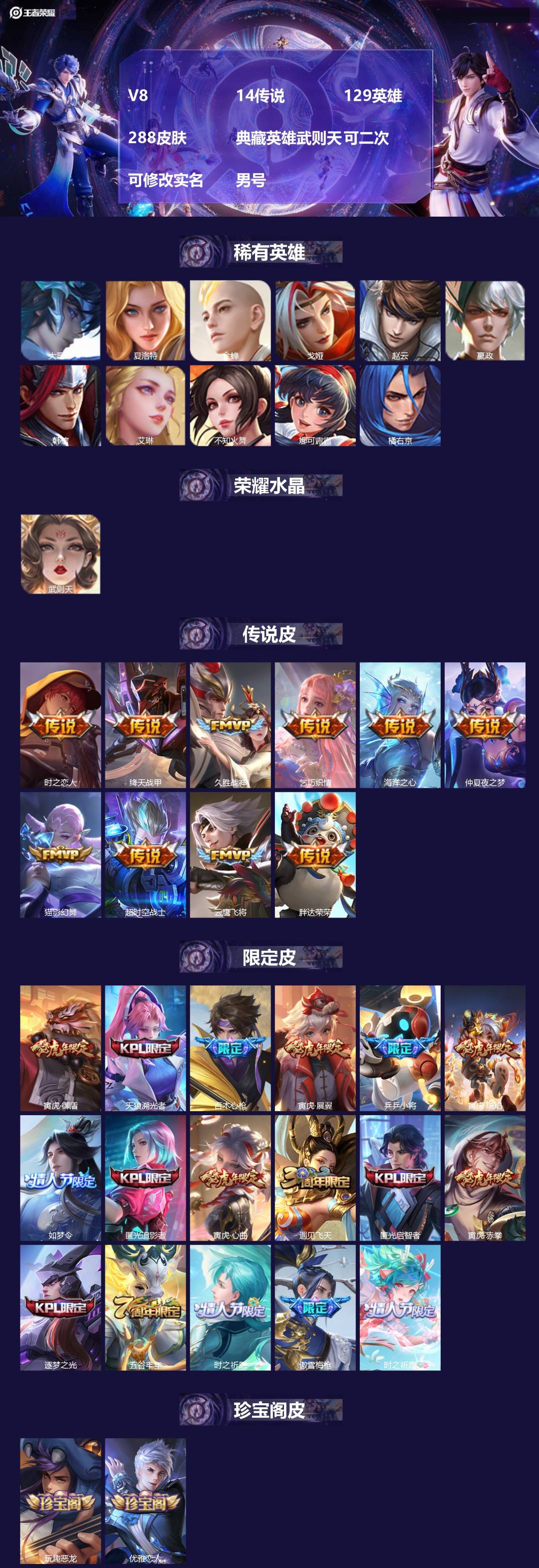 王者荣耀账号安卓QQV8 14传说 129英雄 288皮肤 典藏英雄武则天 可二次 可修改实名 男号 
【英雄全皮】鬼谷