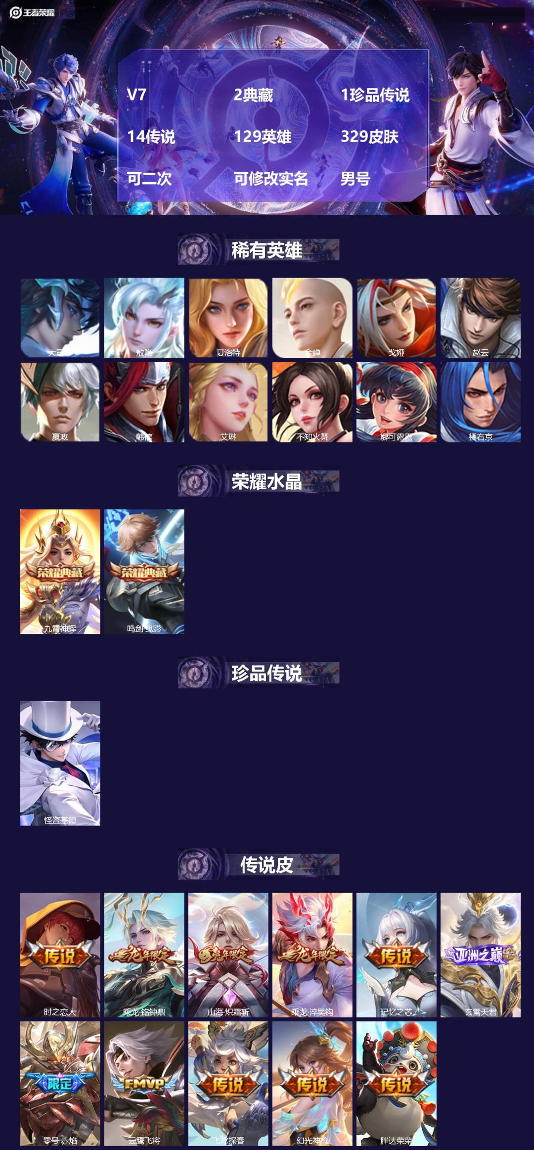 王者荣耀账号安卓QQ[25179523]V7 2典藏 1珍品传说 14传说 129英雄 329皮肤 可二次 可修改实名 
