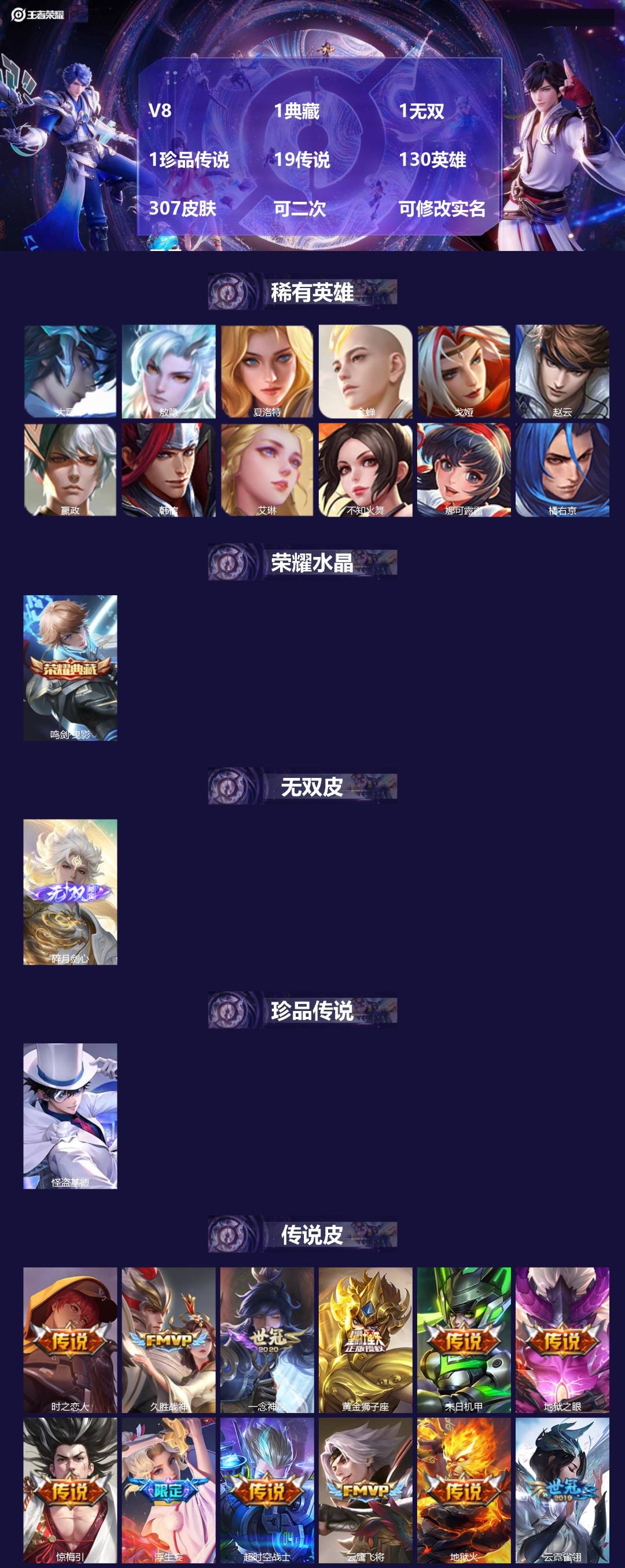王者荣耀账号安卓QQ[25184497]V8 1典藏 1无双 1珍品传说 19传说 130英雄 307皮肤 可二次 可修
