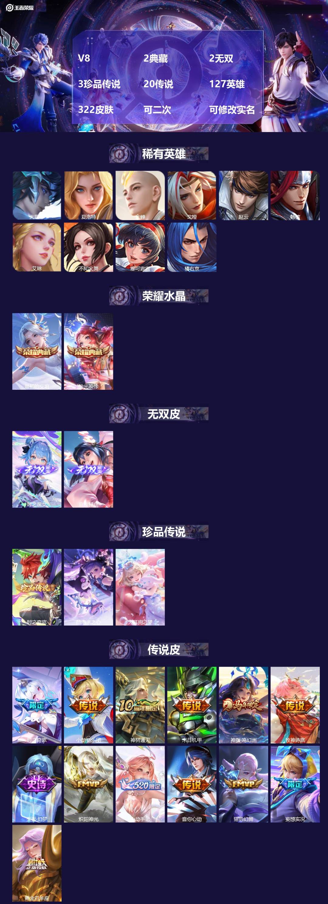 王者荣耀账号苹果QQV8 2典藏 2无双 3珍品传说 20传说 127英雄 322皮肤 可二次 可修改实名 男号 
【英