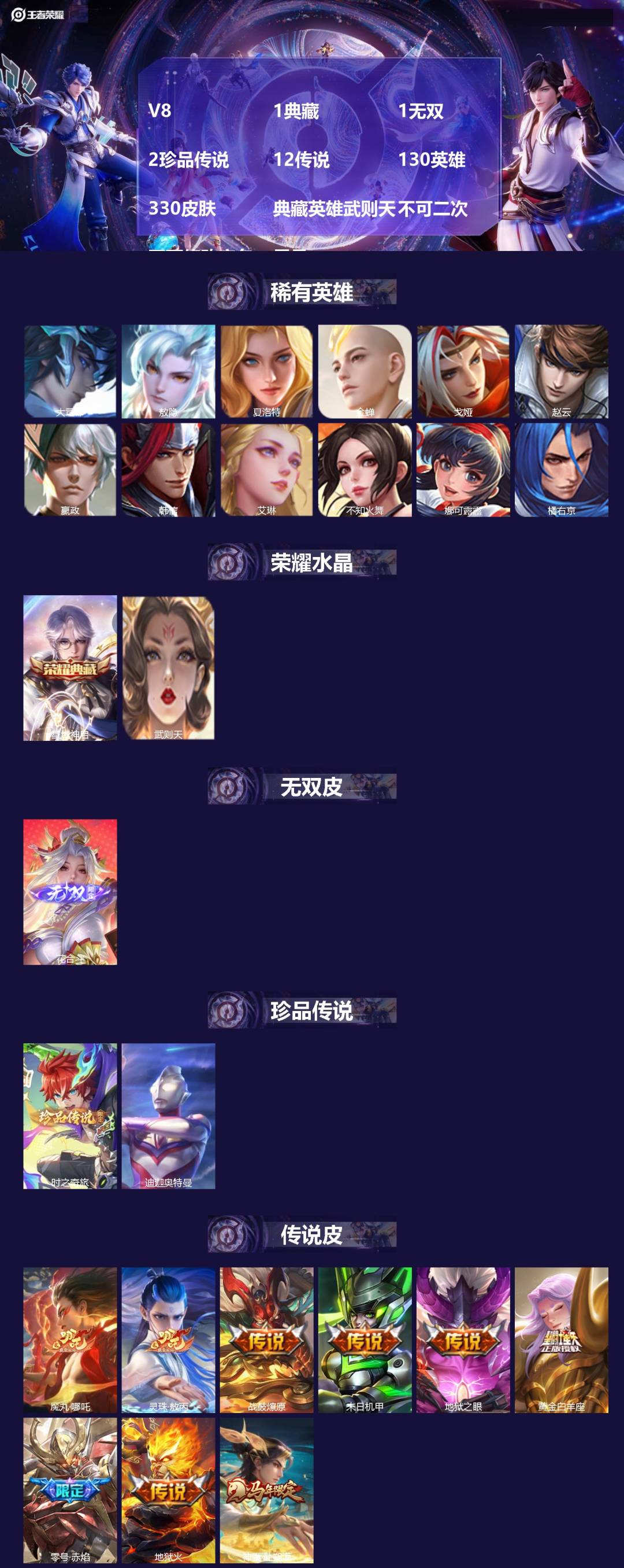 王者荣耀账号安卓QQV8 1典藏 1无双 2珍品传说 12传说 130英雄 330皮肤 典藏英雄武则天 不可二次 不可修