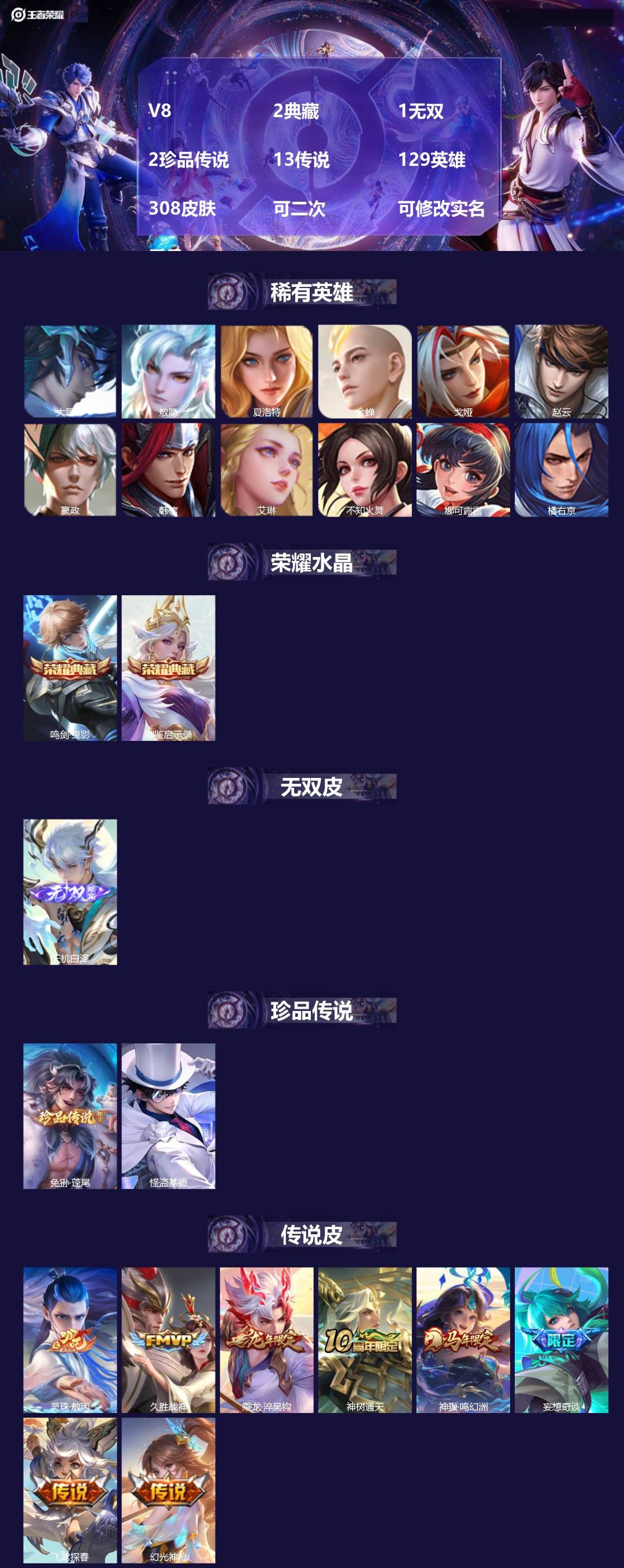 王者荣耀账号安卓QQ[25244330]V8 2典藏 1无双 2珍品传说 13传说 129英雄 308皮肤 可二次 可修