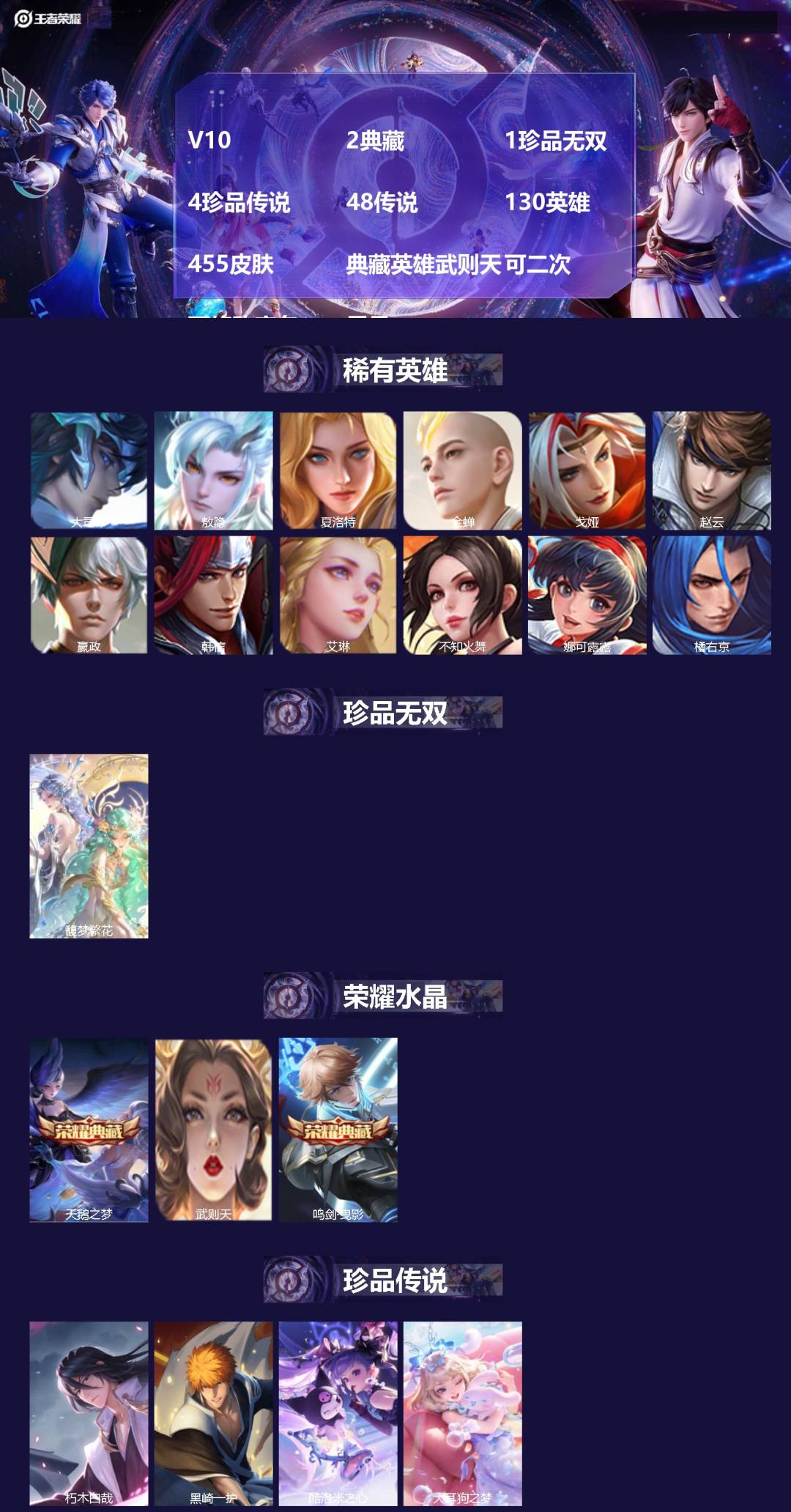王者荣耀账号安卓QQ[25252037]V10 2典藏 1珍品无双 4珍品传说 48传说 130英雄 455皮肤 典藏英