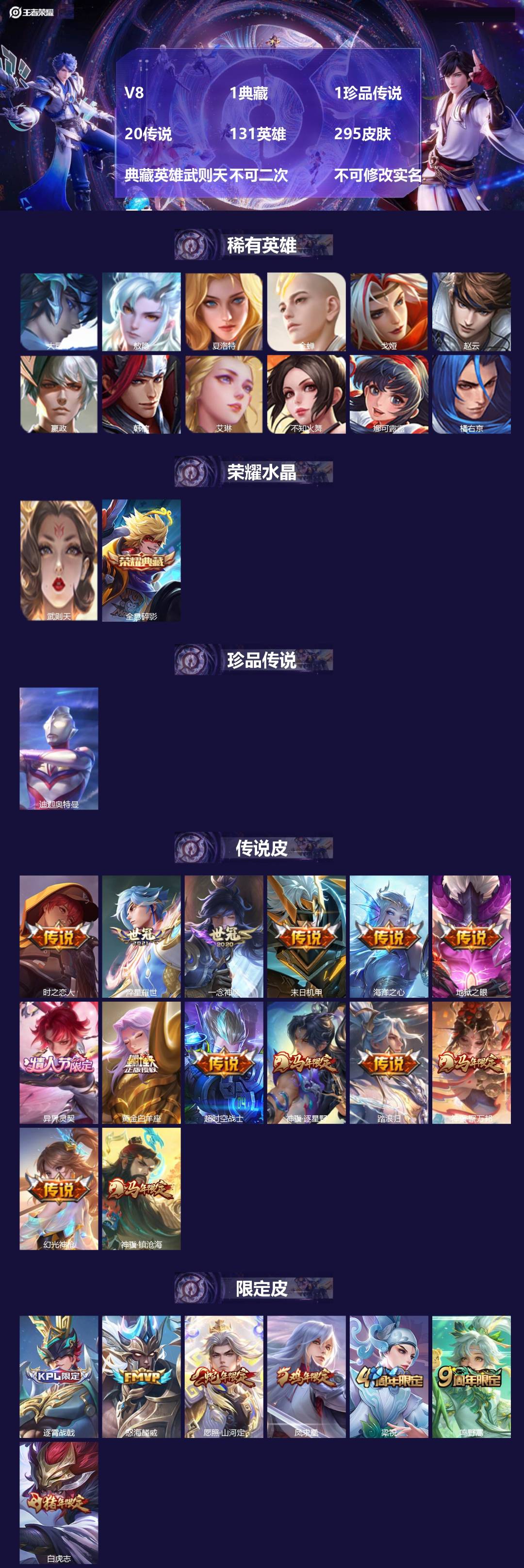 王者荣耀账号安卓QQV8 1典藏 1珍品传说 20传说 131英雄 295皮肤 典藏英雄武则天 不可二次 不可修改实名 