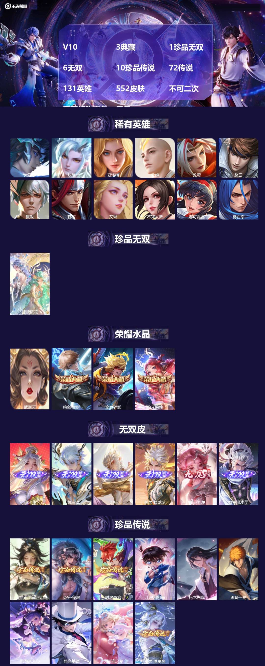 王者荣耀账号安卓QQV10 3典藏 1珍品无双 6无双 10珍品传说 72传说 131英雄 552皮肤 不可二次 不可修