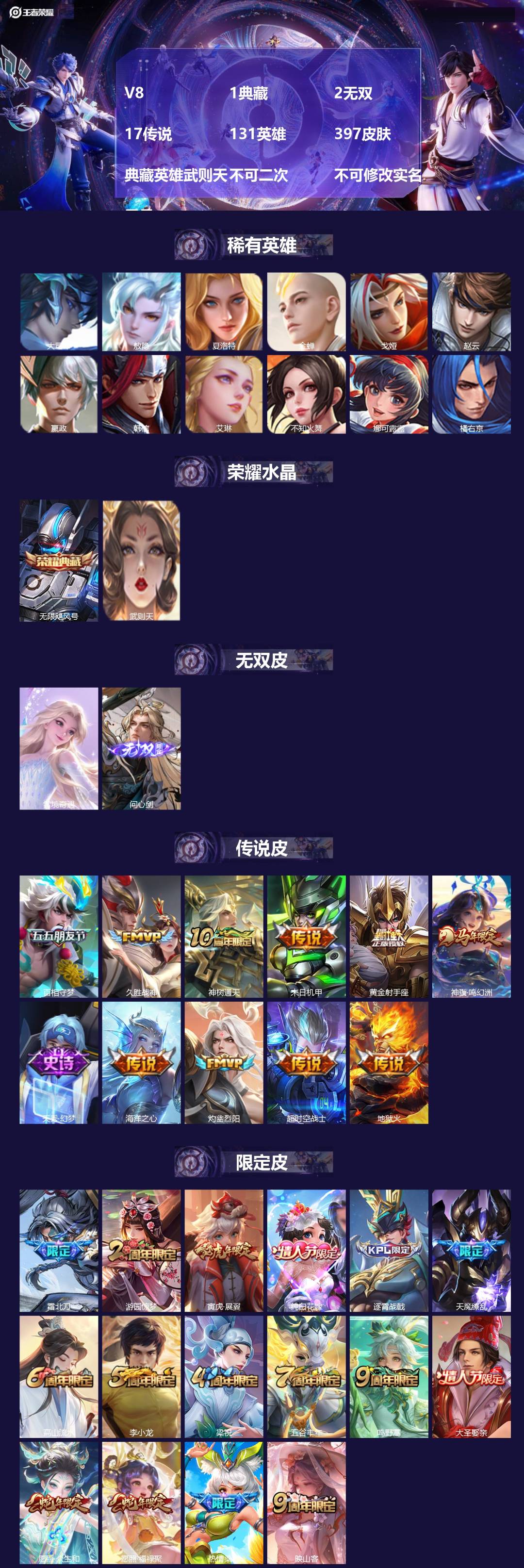 王者荣耀账号苹果QQV8 1典藏 2无双 17传说 131英雄 397皮肤 典藏英雄武则天 不可二次 不可修改实名 男号