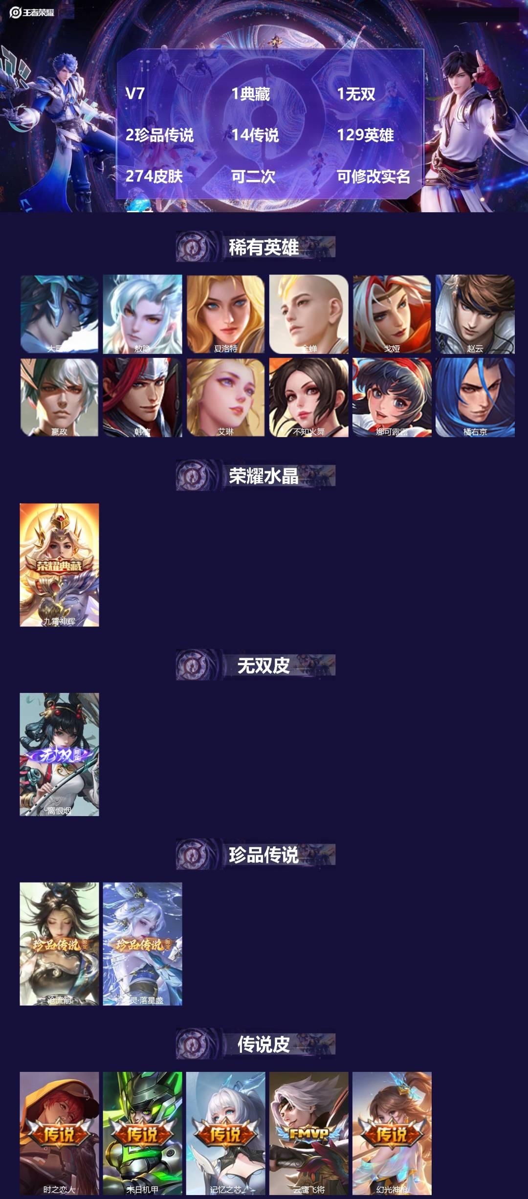 王者荣耀账号安卓QQV7 1典藏 1无双 2珍品传说 14传说 129英雄 274皮肤 可二次 可修改实名 男号 
【英