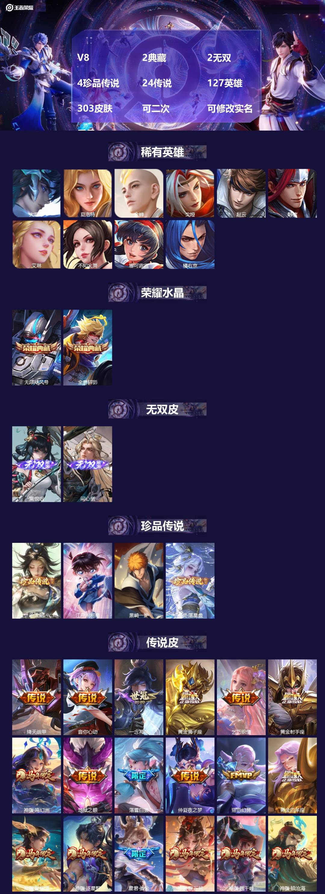 王者荣耀账号安卓QQV8 2典藏 2无双 4珍品传说 24传说 127英雄 303皮肤 可二次 可修改实名 男号 
【英