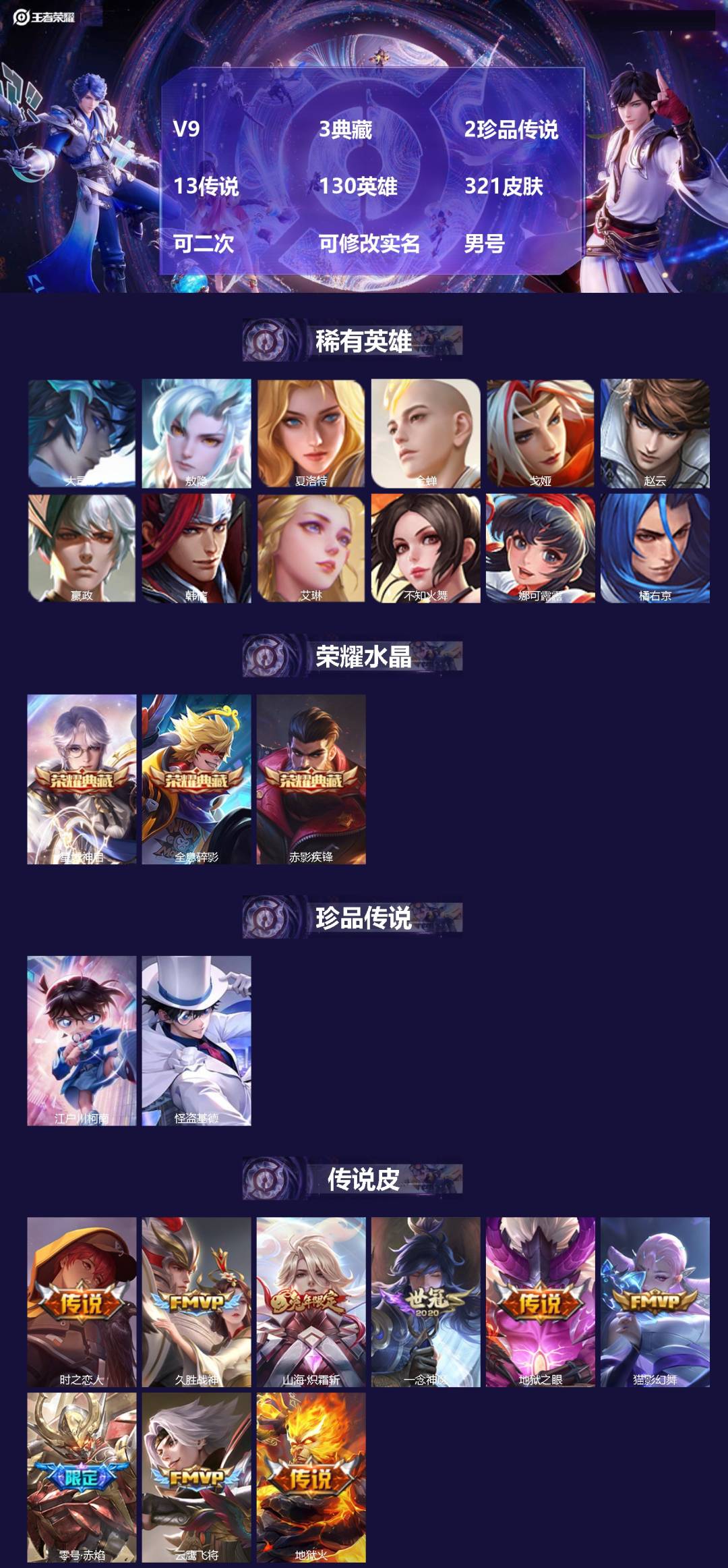 王者荣耀账号安卓QQV9 3典藏 2珍品传说 13传说 130英雄 321皮肤 可二次 可修改实名 男号 
【英雄全皮】