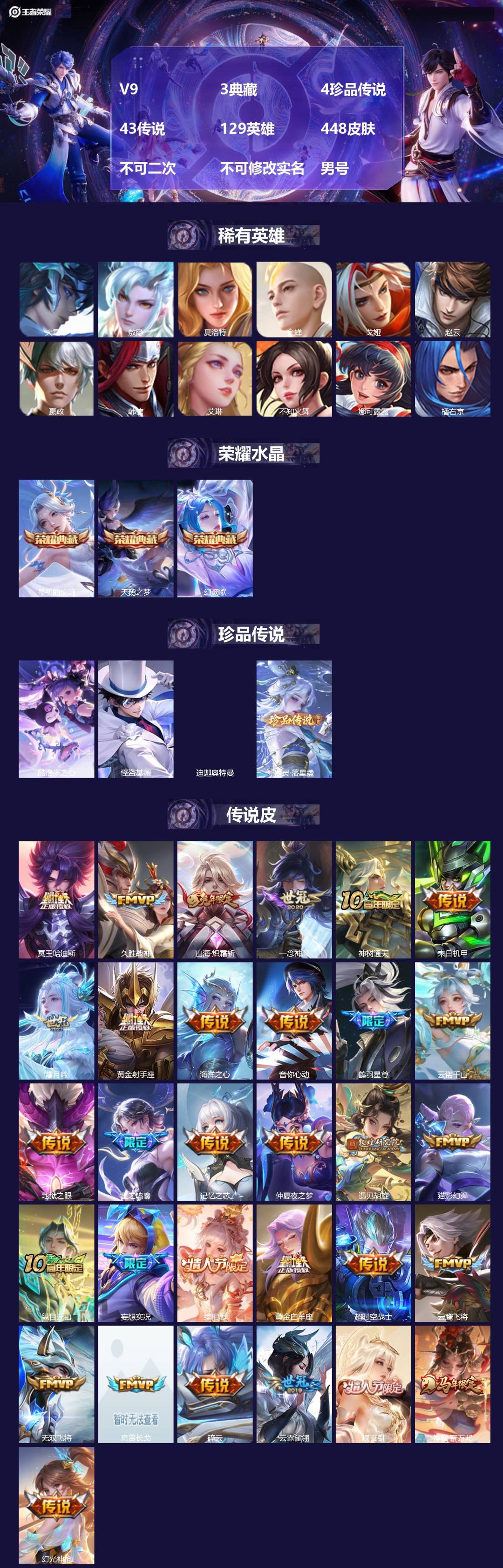 王者荣耀账号安卓QQV9 3典藏 4珍品传说 43传说 129英雄 448皮肤 不可二次 不可修改实名 男号 
【英雄全