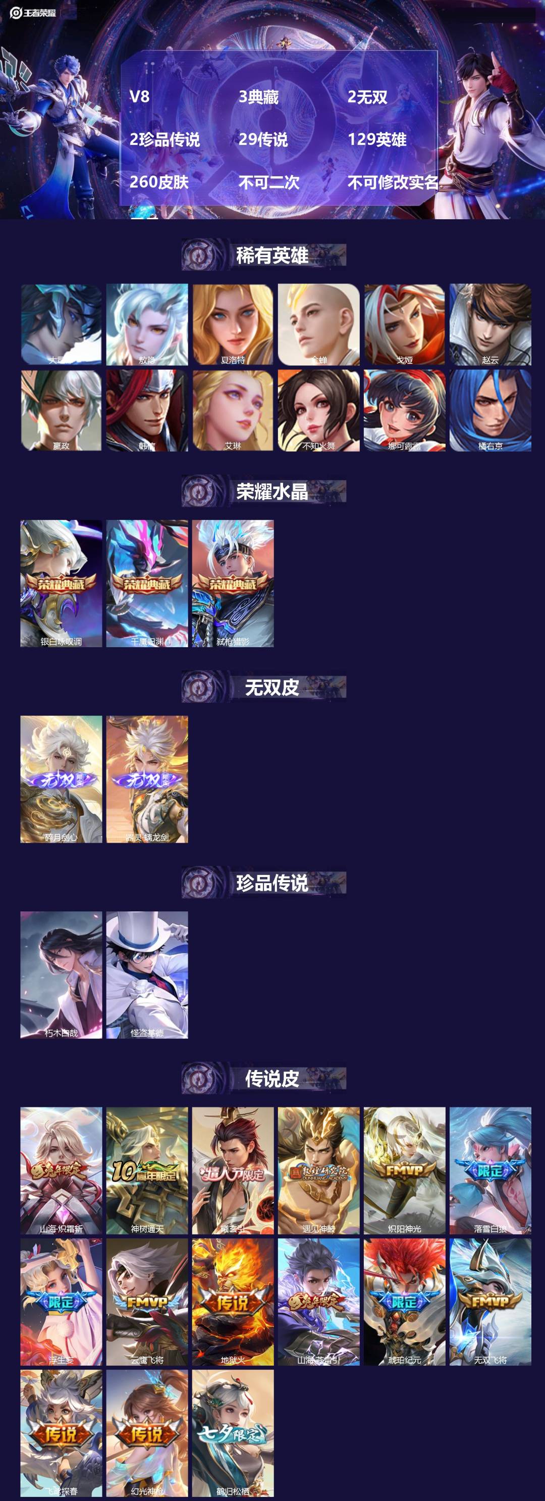 王者荣耀账号苹果VXV8 3典藏 2无双 2珍品传说 29传说 129英雄 260皮肤 不可二次 不可修改实名 男号 
