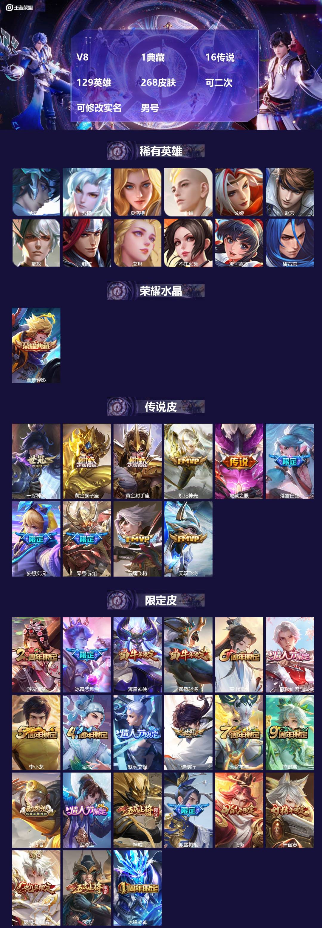 王者荣耀账号安卓QQ[25501670]V8 1典藏 16传说 129英雄 268皮肤 可二次 可修改实名 男号 
【英