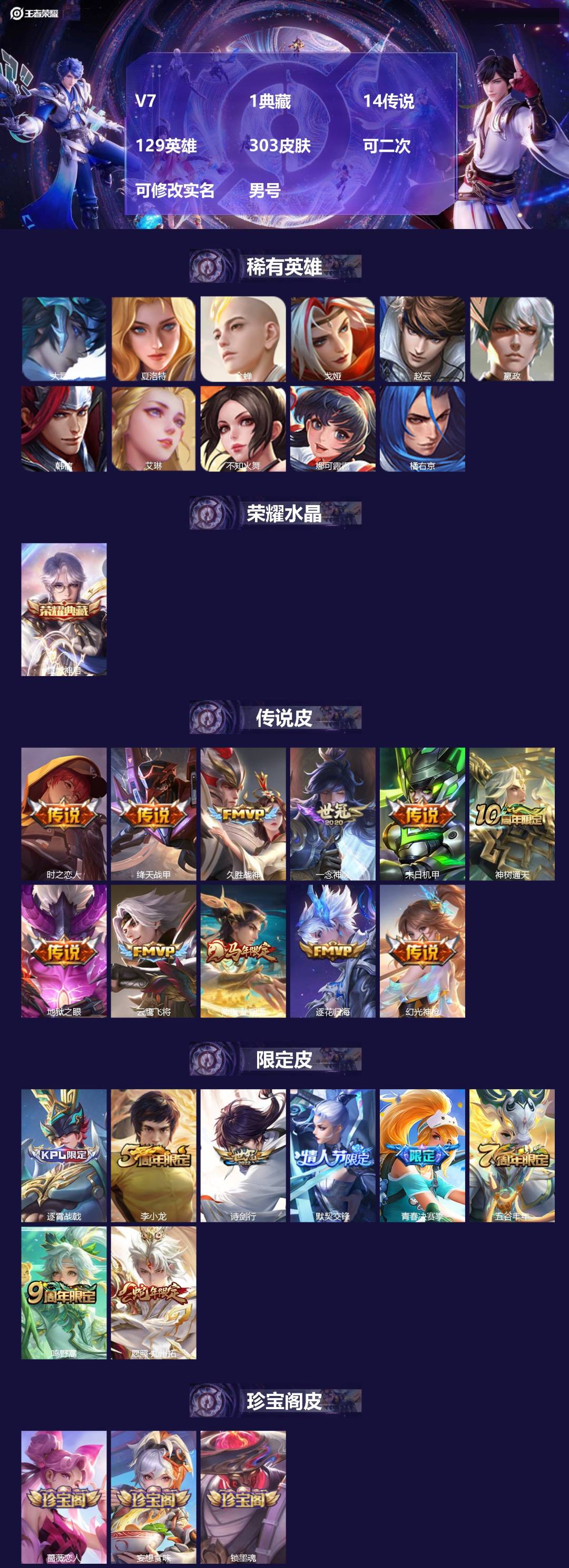 王者荣耀账号苹果QQ[25504831]V7 1典藏 14传说 129英雄 303皮肤 可二次 可修改实名 男号 
【英