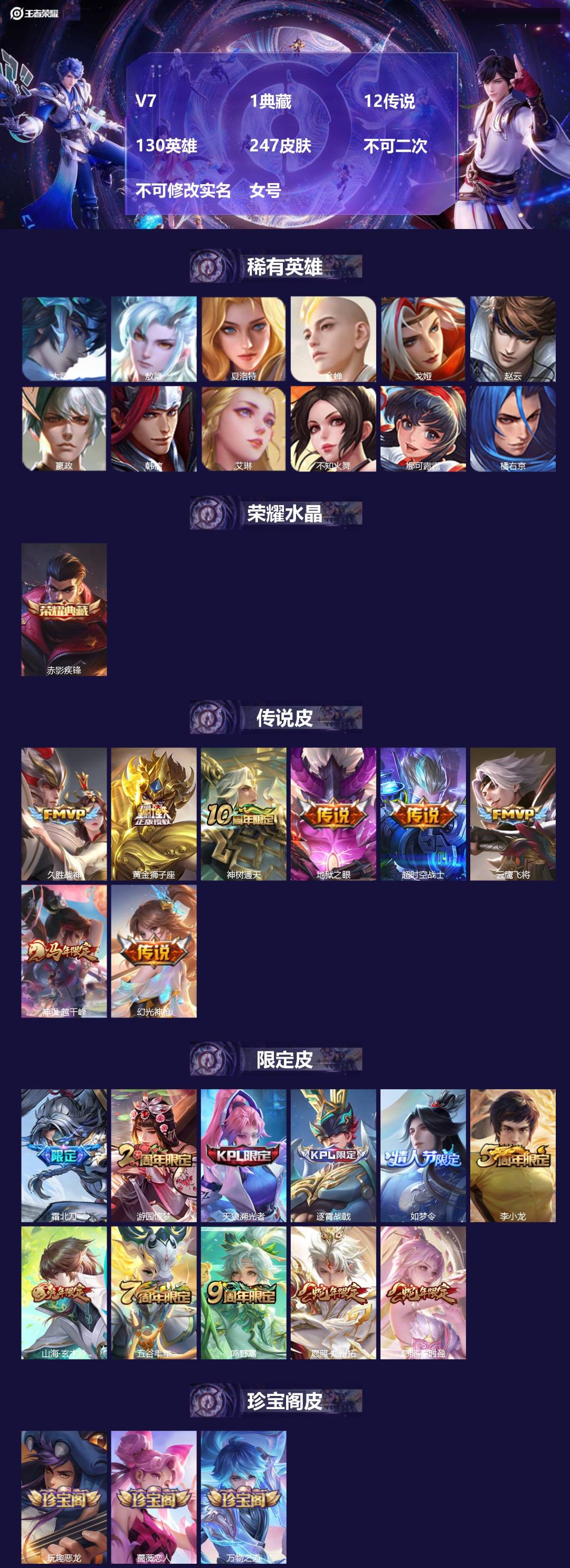 王者荣耀账号安卓QQ[25536203]V7 1典藏 12传说 130英雄 247皮肤 不可二次 不可修改实名 女号 
