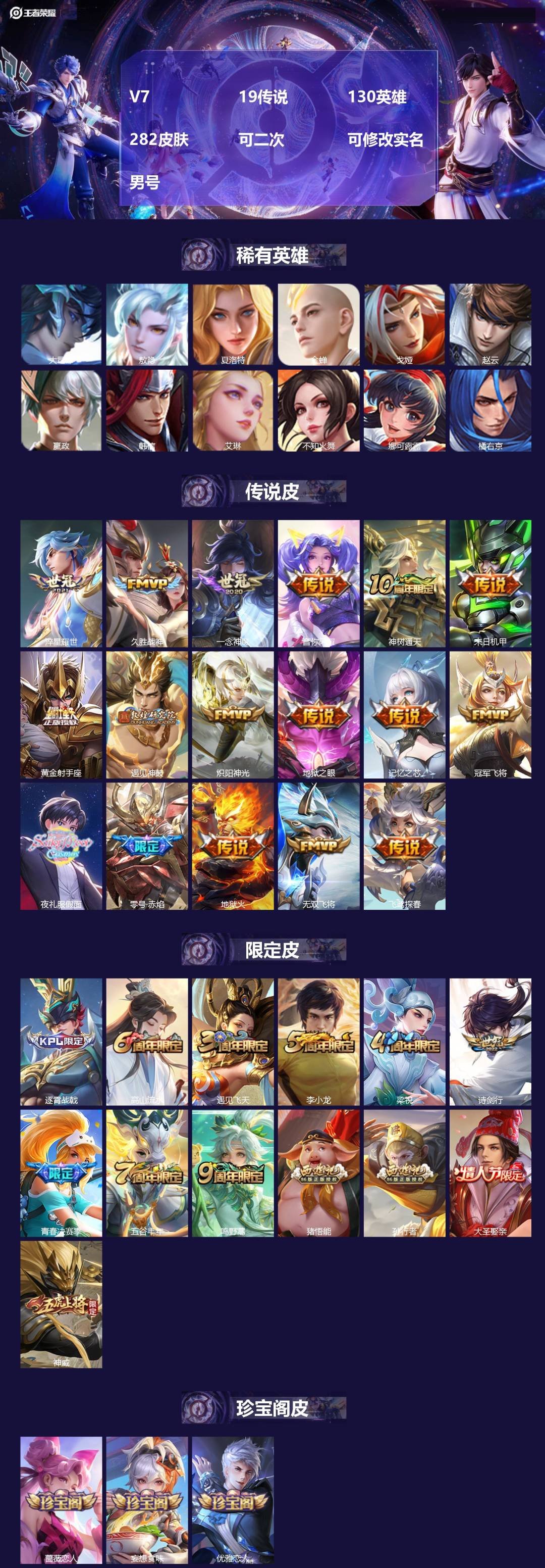 王者荣耀账号安卓QQ[25599172]V7 19传说 130英雄 282皮肤 可二次 可修改实名 男号 
【稀有英雄】