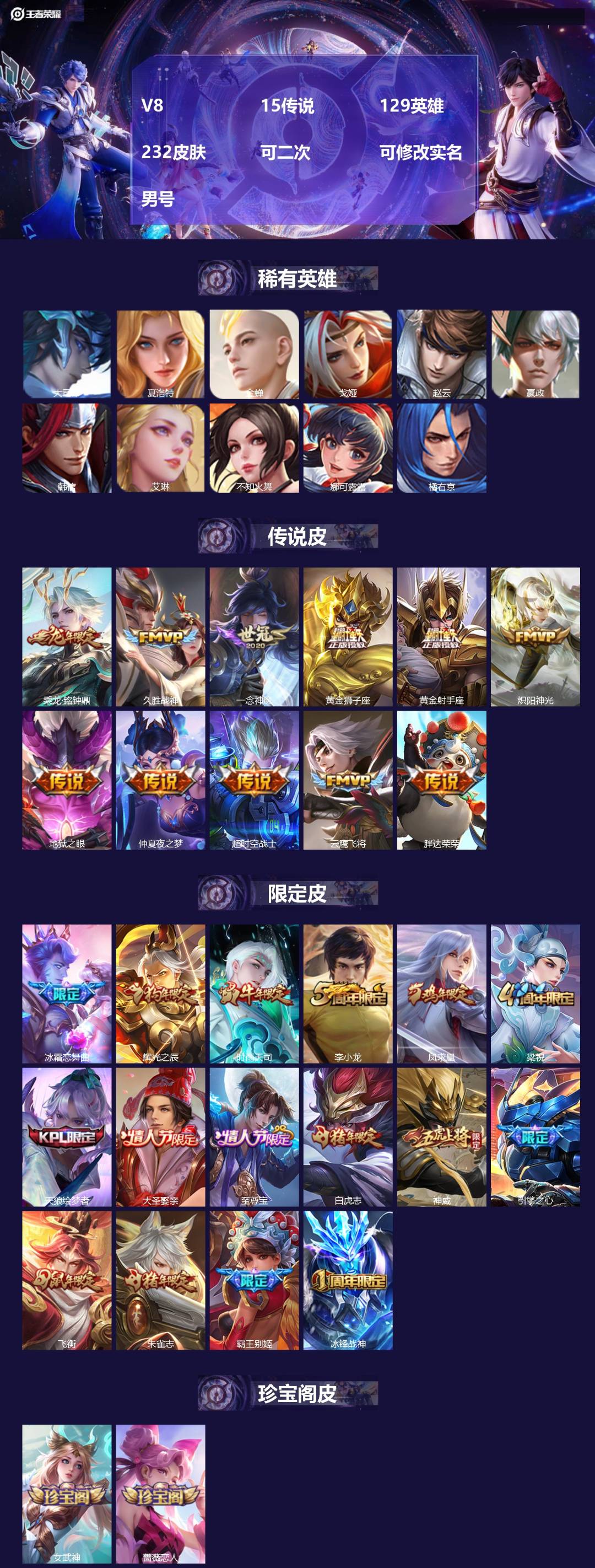 王者荣耀账号安卓QQV8 15传说 129英雄 232皮肤 可二次 可修改实名 男号 
【稀有英雄】大司命,嬴政(始皇帝