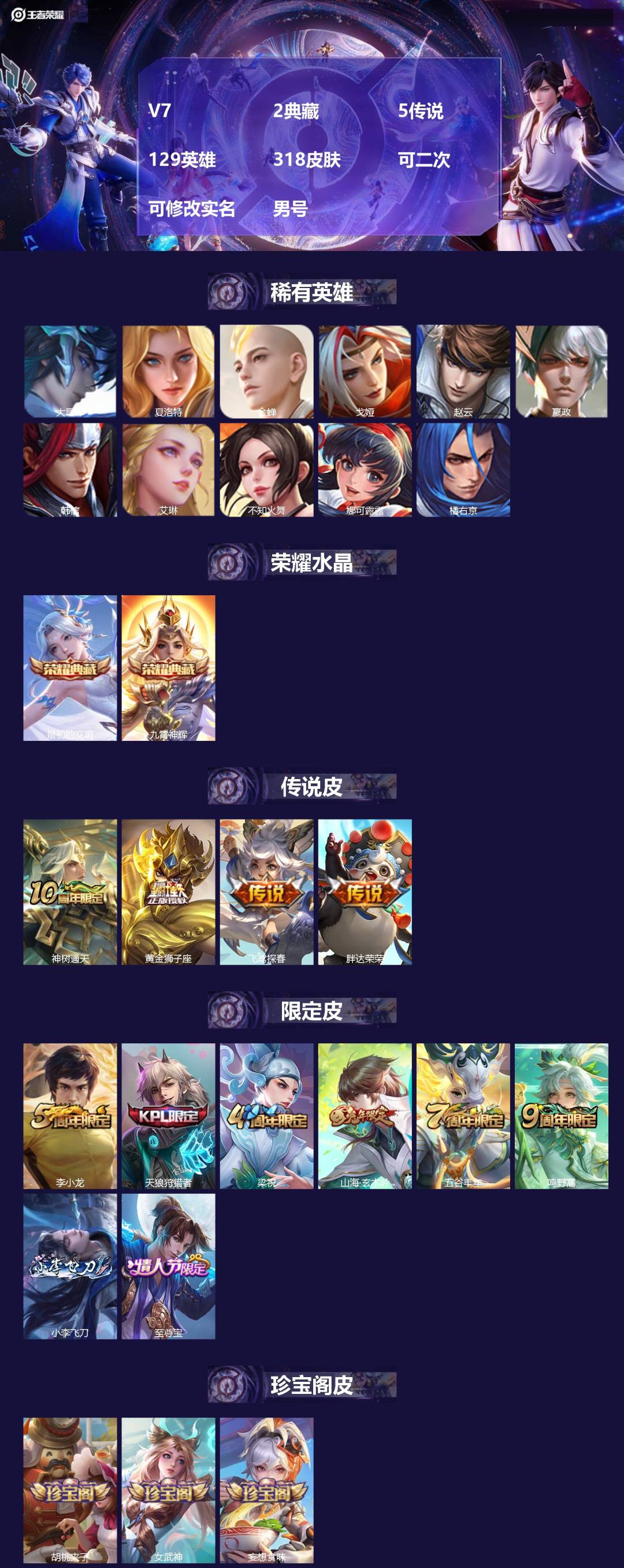 王者荣耀账号苹果QQ[25818028]V7 2典藏 5传说 129英雄 318皮肤 可二次 可修改实名 男号 
【英雄