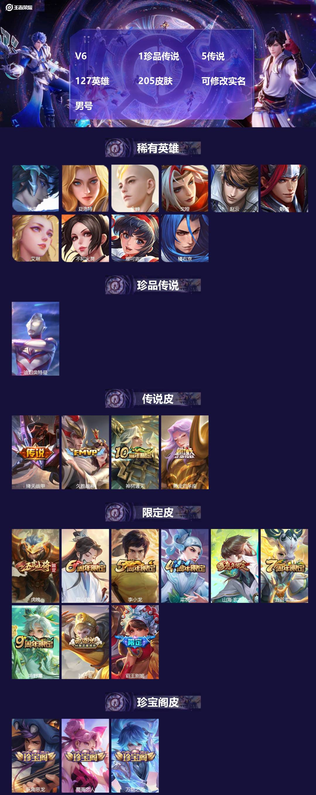 王者荣耀账号安卓QQ[25867337]V6 1珍品传说 5传说 127英雄 205皮肤 可修改实名 男号 
【稀有英雄
